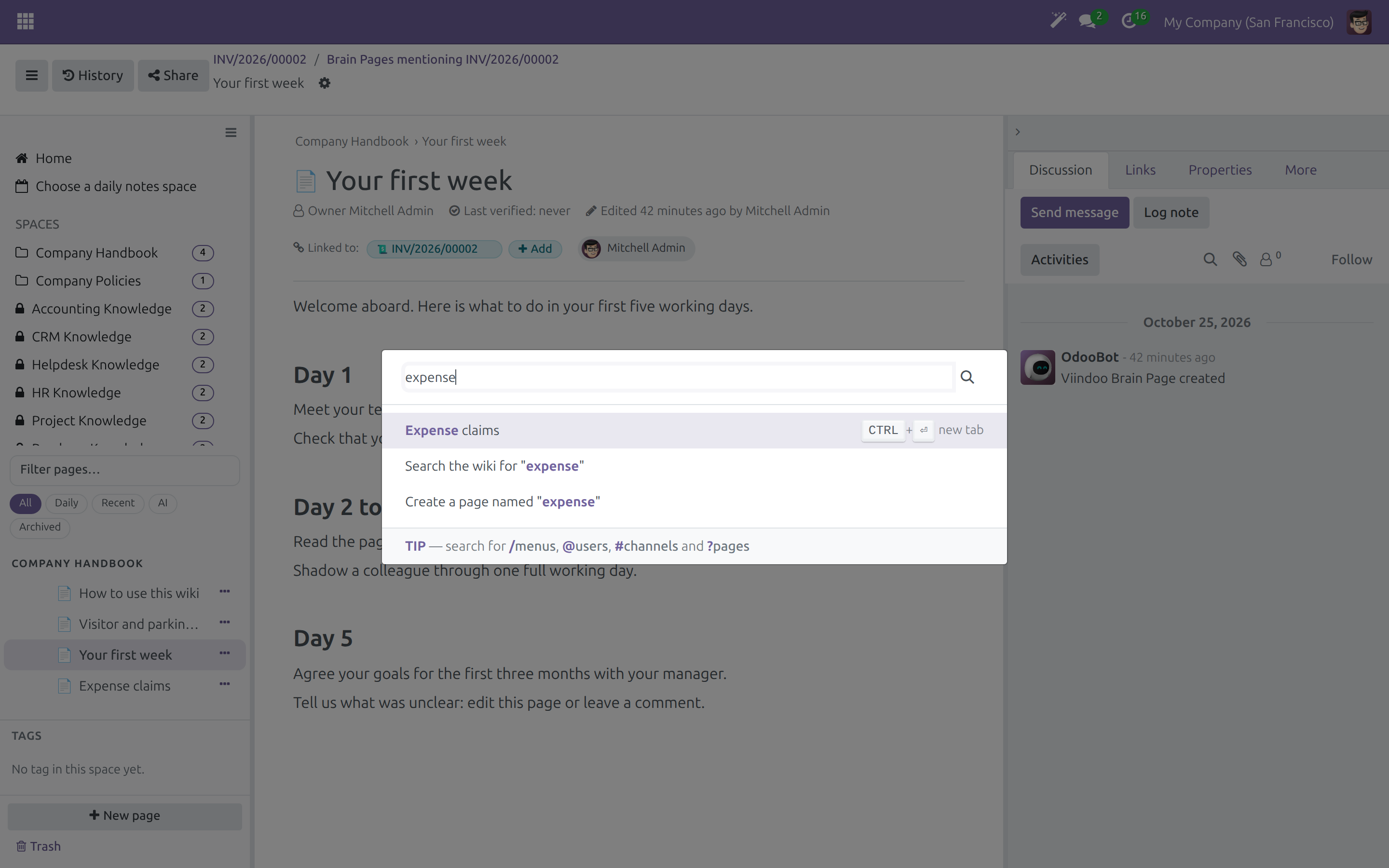 The command palette listing wiki pages and a search action