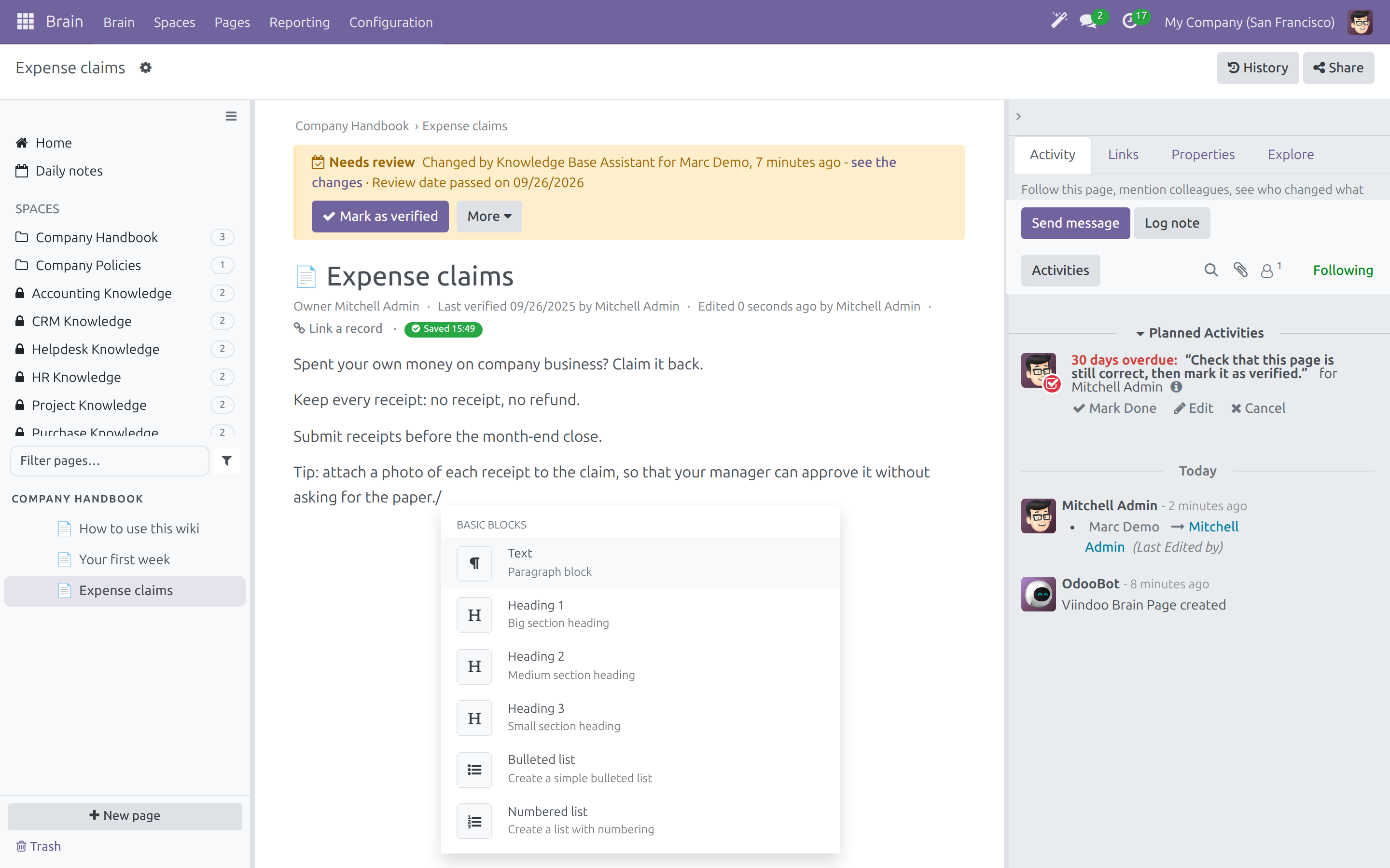 The slash menu of the page editor listing blocks to insert