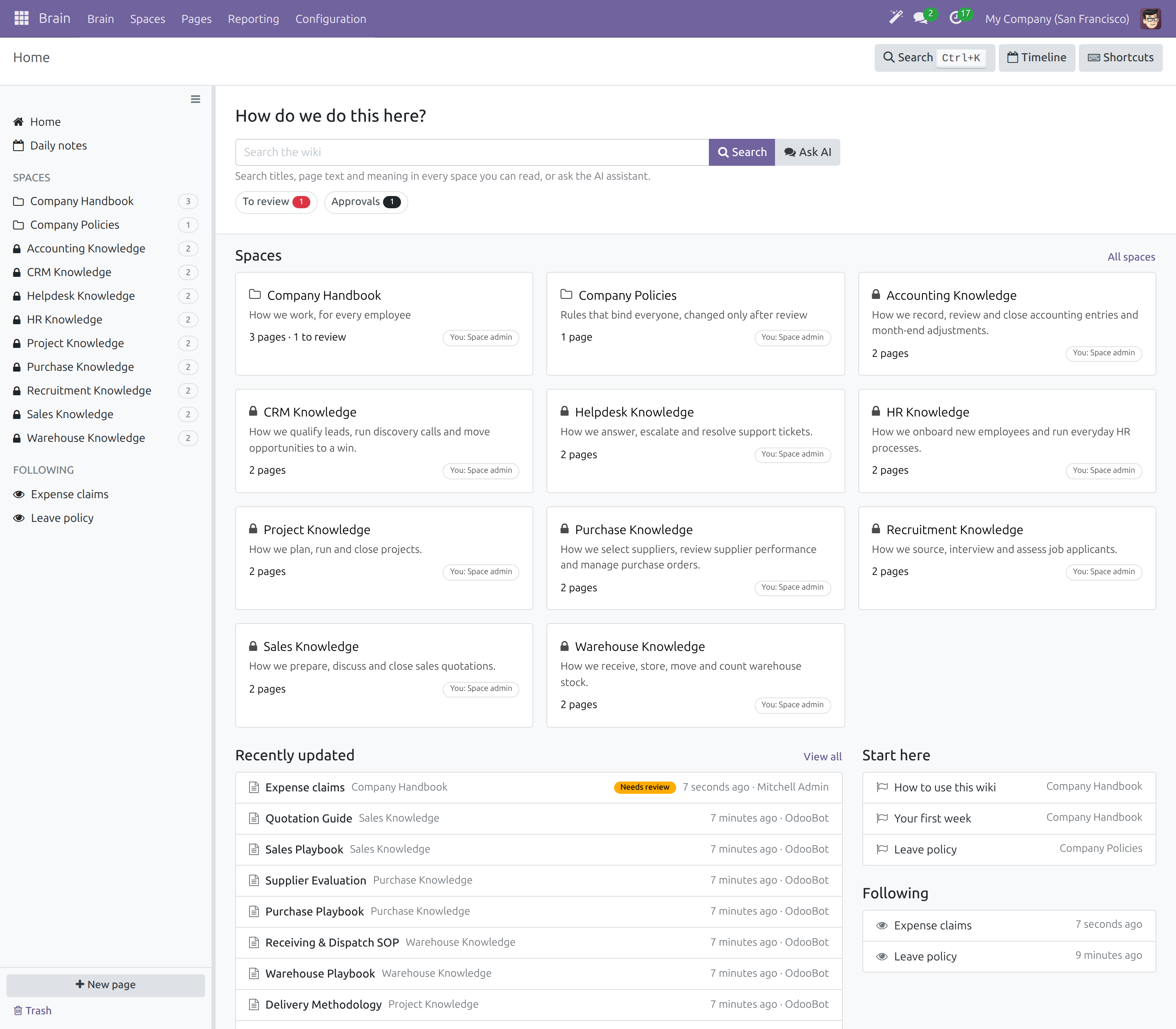Home with a search box, Spaces as cards, recently updated pages and Start here pages
