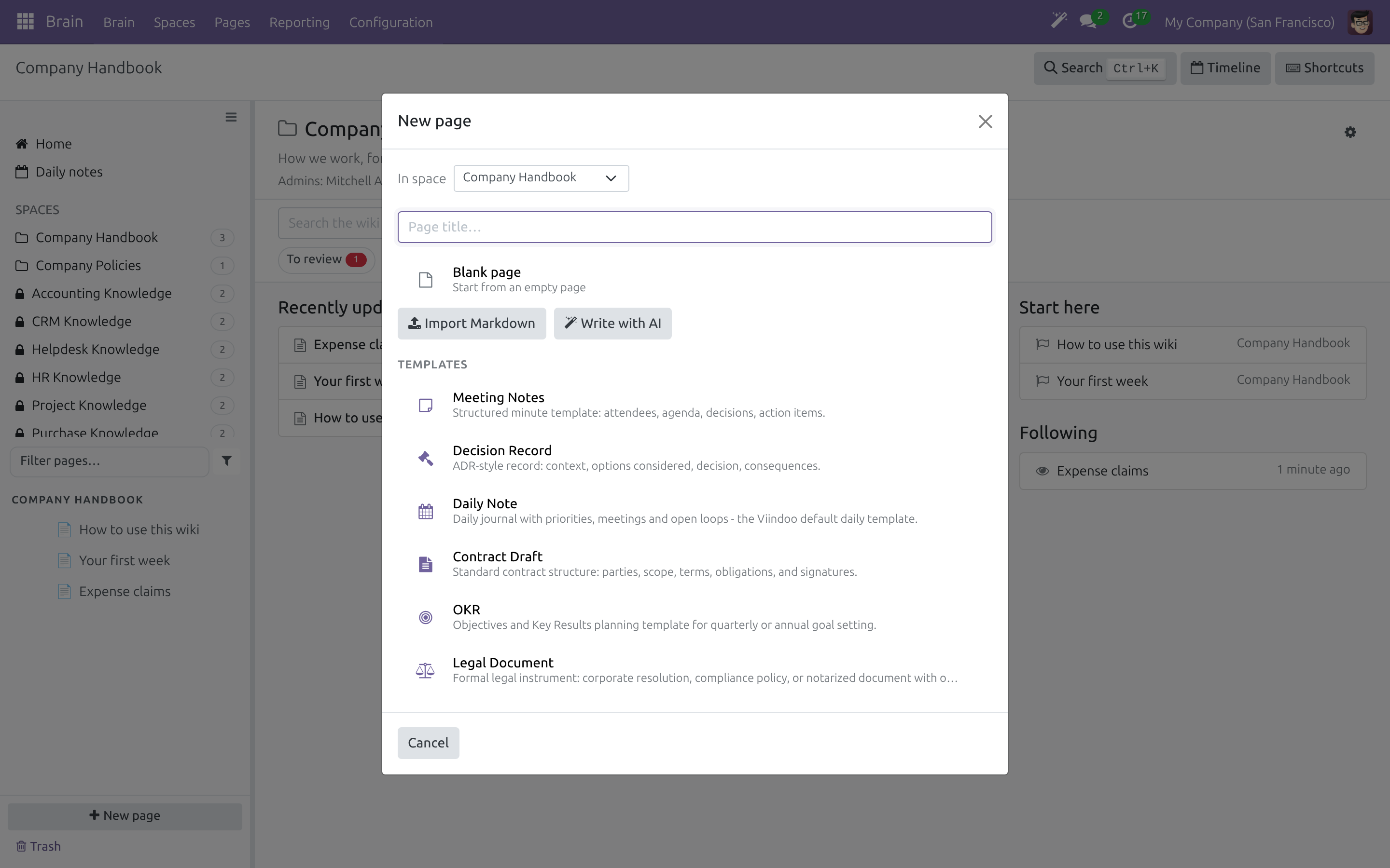 The New page dialog with Blank page, Import Markdown and templates