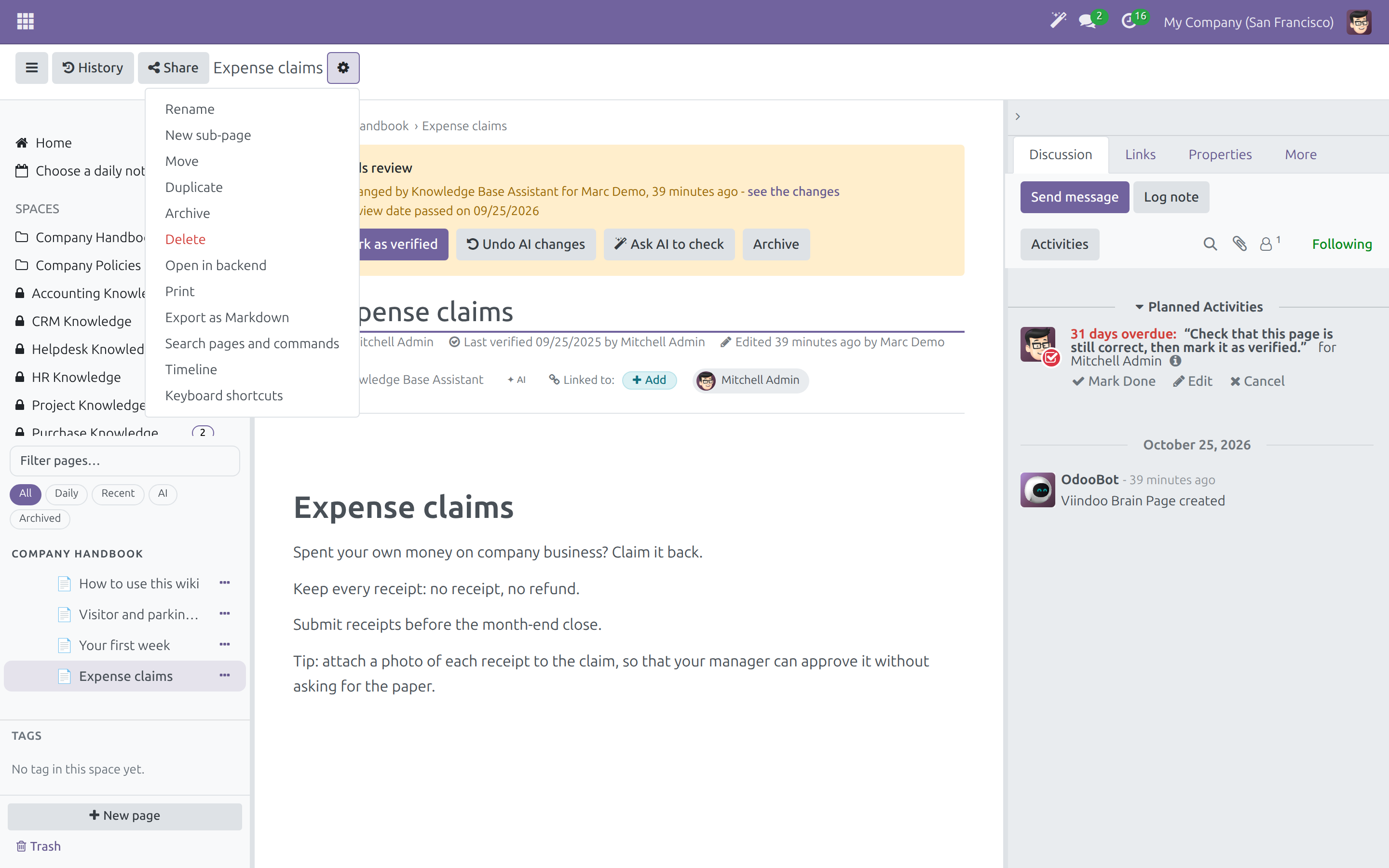 The page actions menu with rename, move, duplicate, archive, print and export