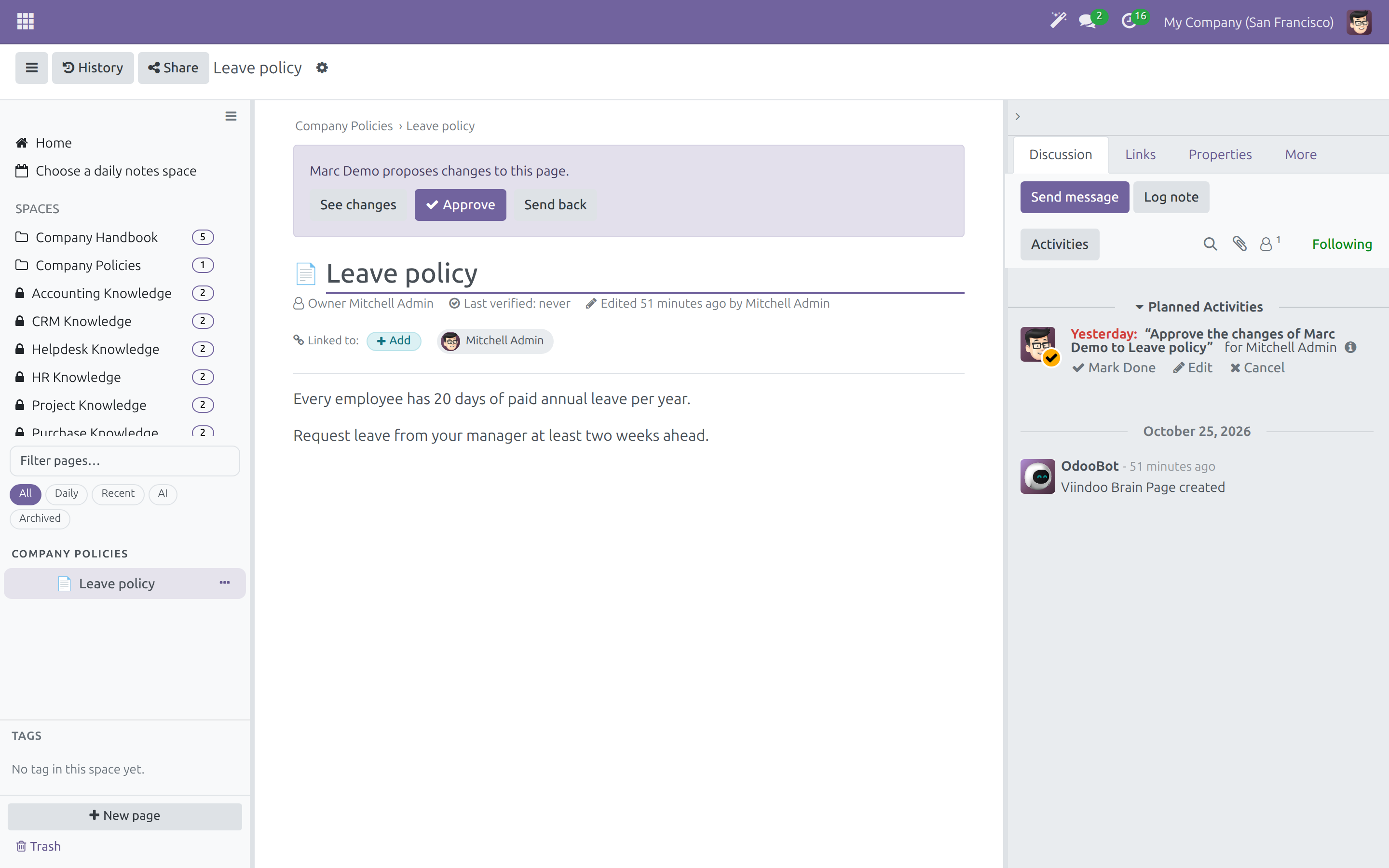 The approver's banner with See changes, Approve and Send back