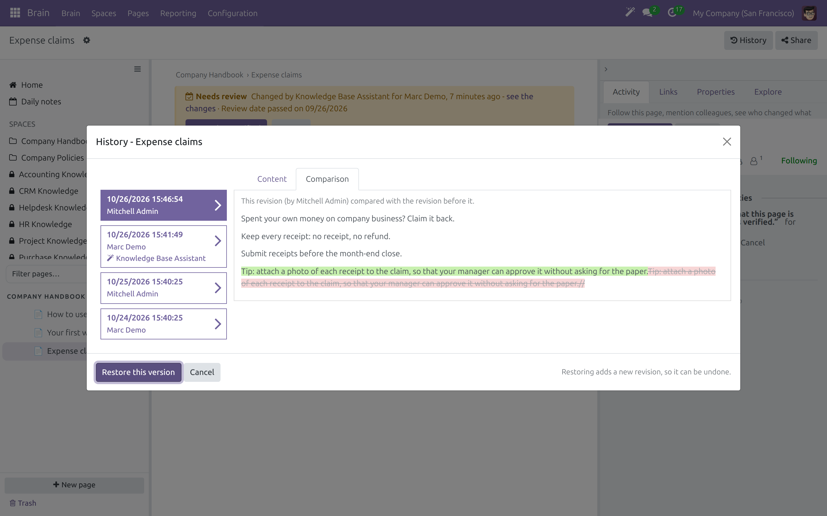 The history dialog comparing a revision with the one before it