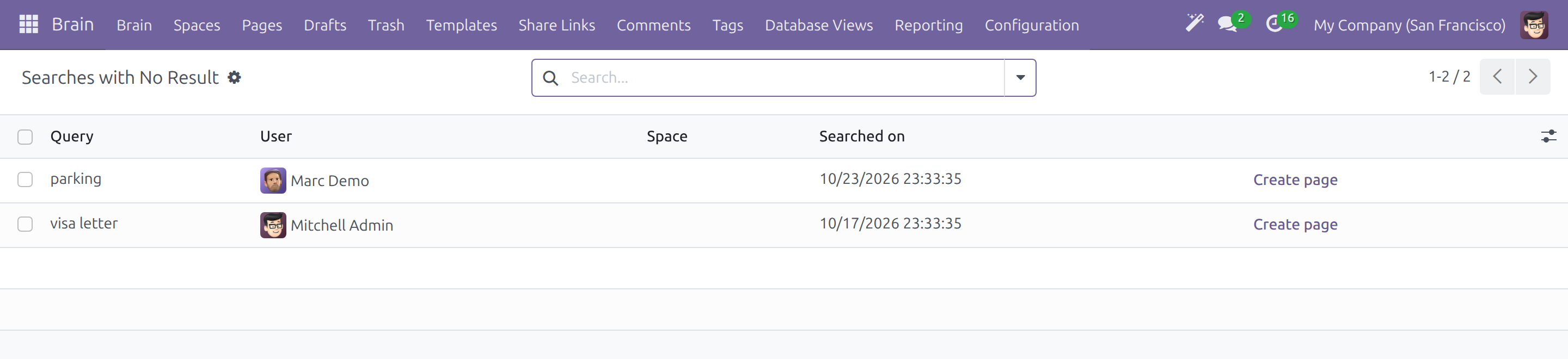Searches with No Result with a Create page action per row