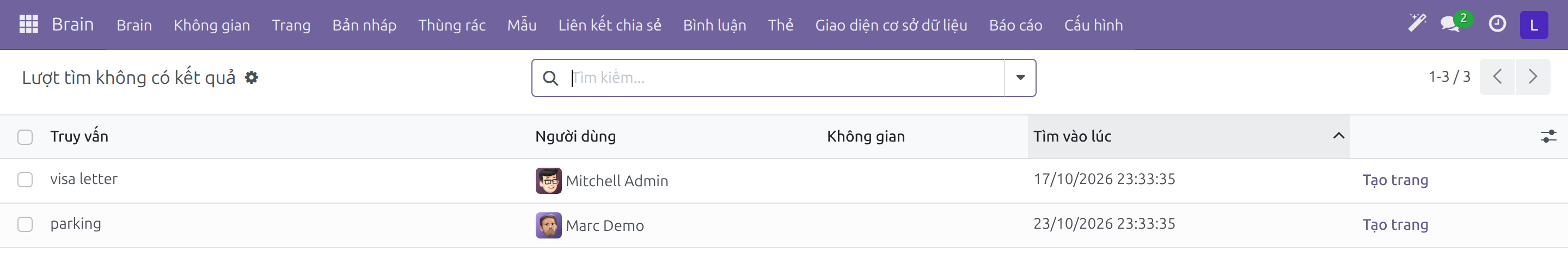 Báo cáo Lượt tìm không có kết quả với thao tác Tạo trang trên từng dòng