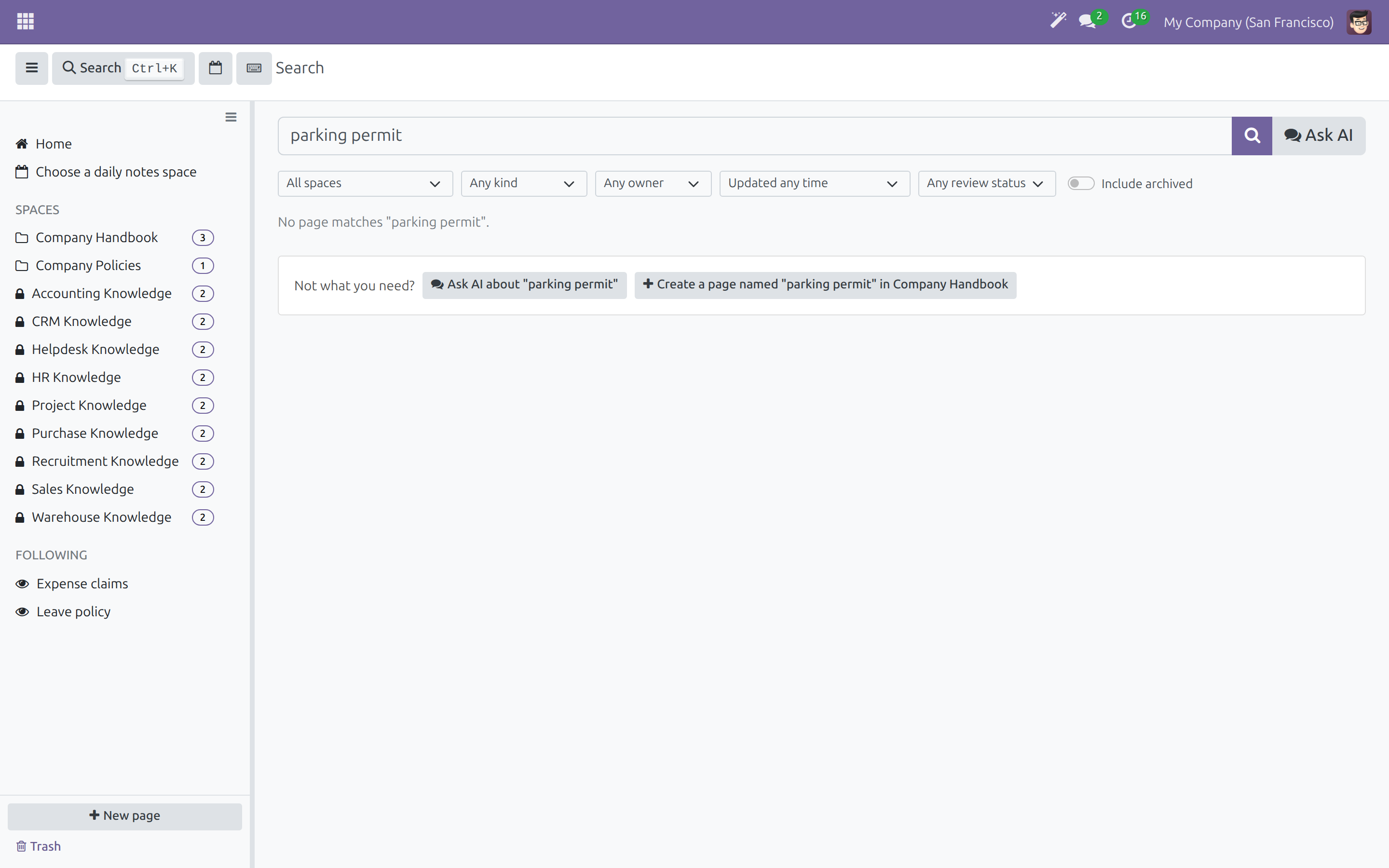 A search with no result offering to create a page with that name