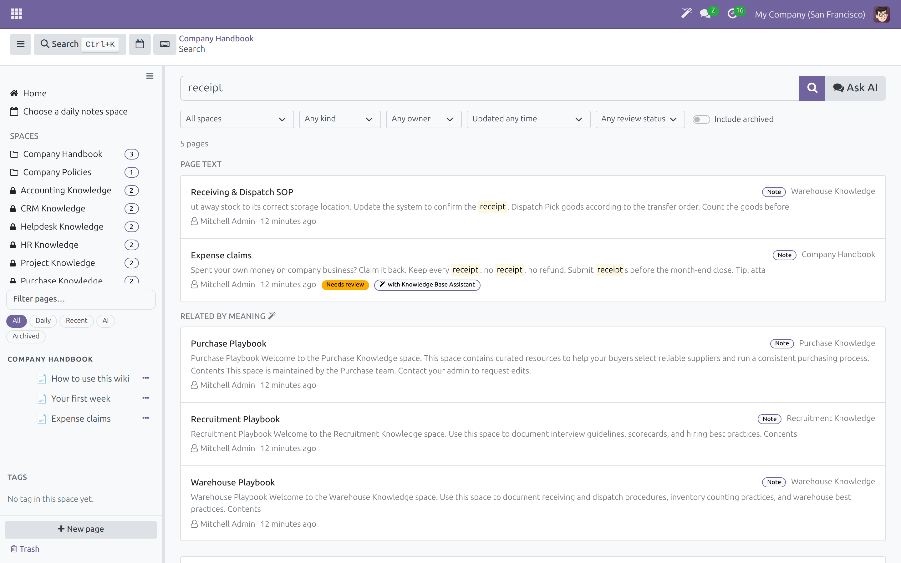 Search results with filters by Space, kind, owner, date and review status