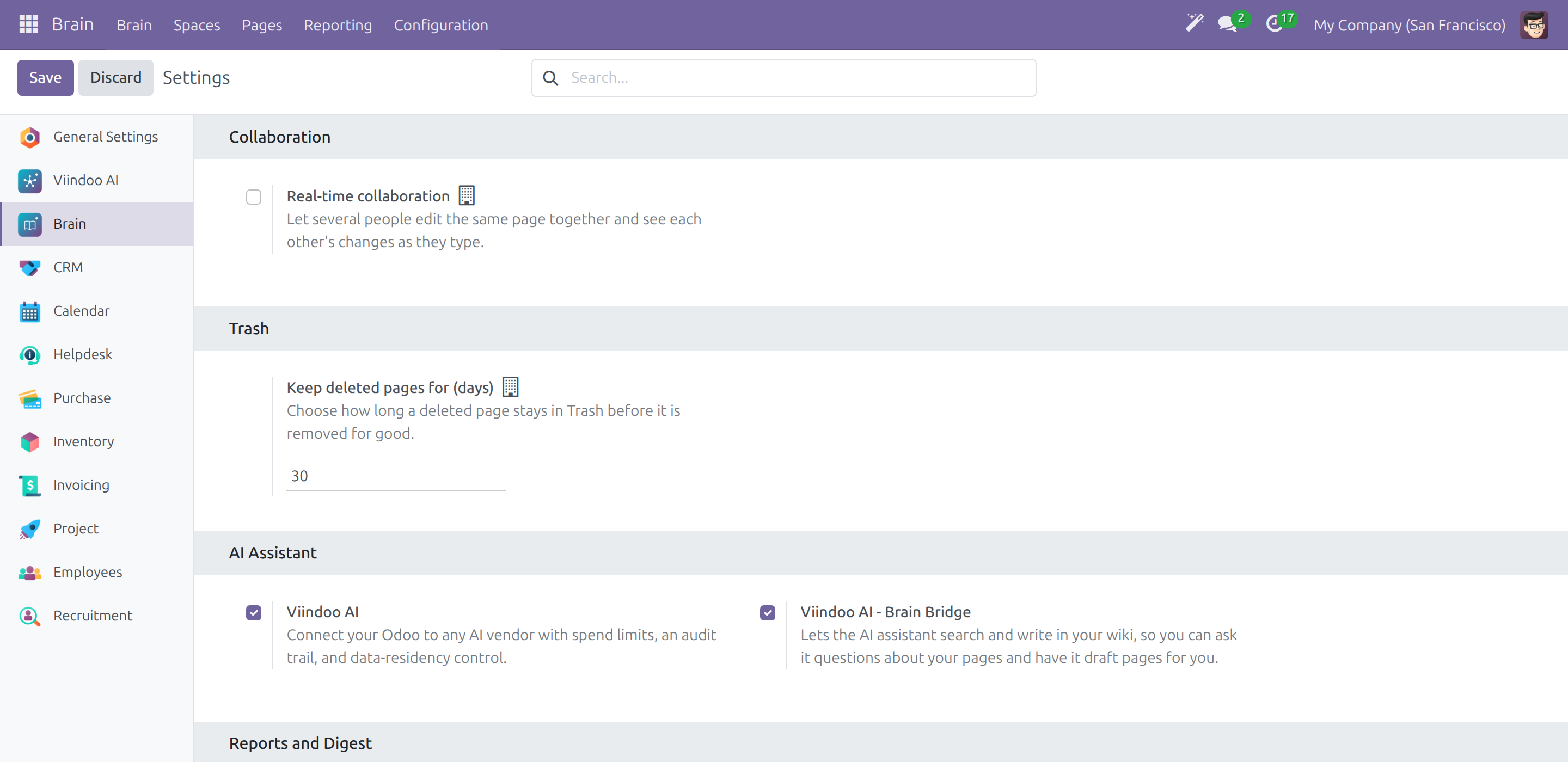 Brain settings: real-time collaboration, Trash retention and financial reports in pages
