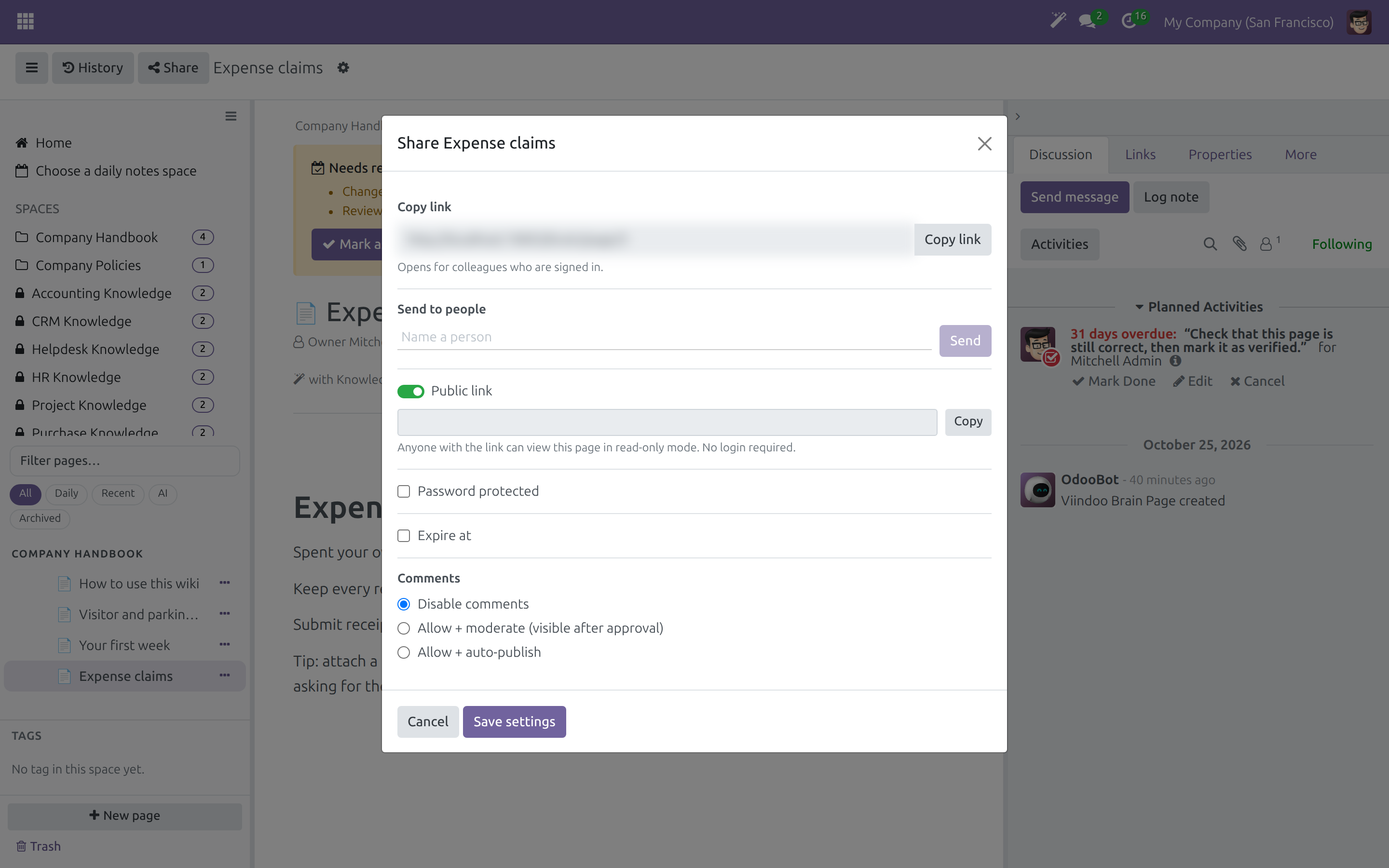 The Share dialog with copy link, send to people and a public link with options