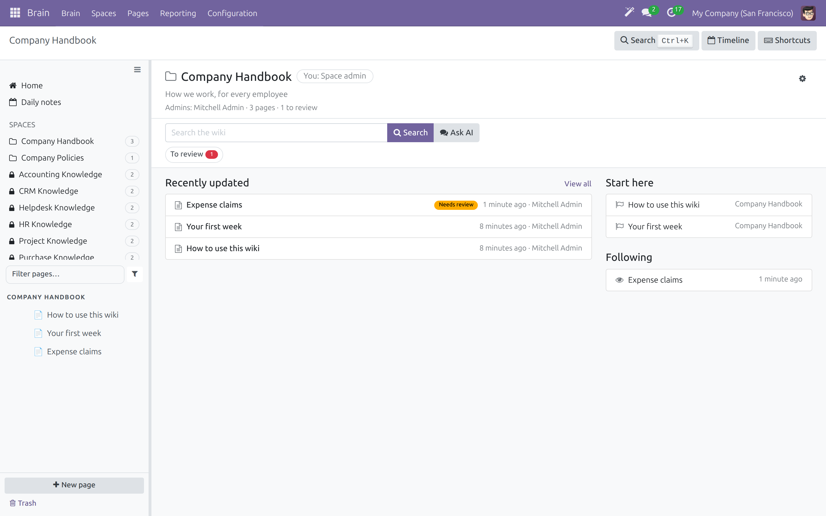 A Space landing page with its description, admins, pages to review and recent pages