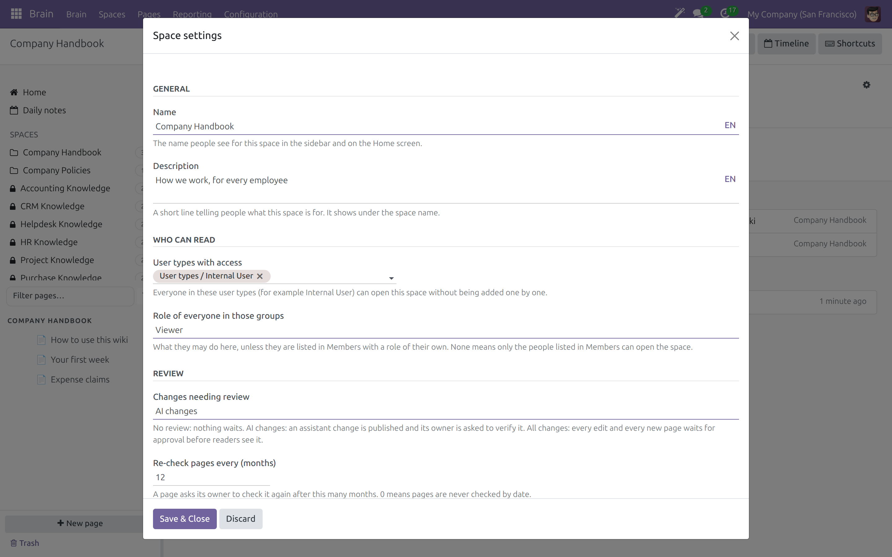 Space settings with review interval, approval rule, access and members