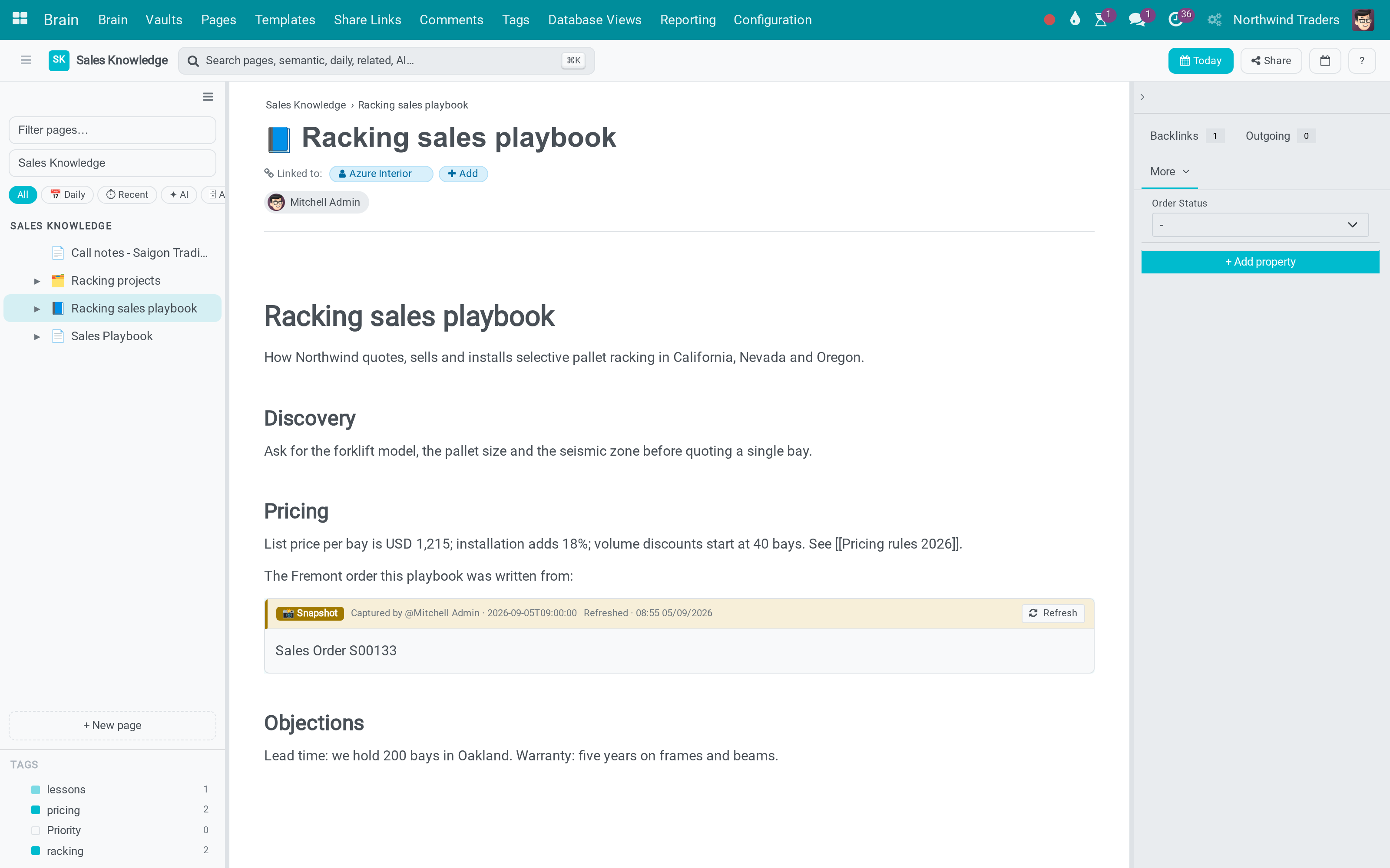 A knowledge base that lives next to your records: vaults, pages, wikilinks, properties and live snapshots