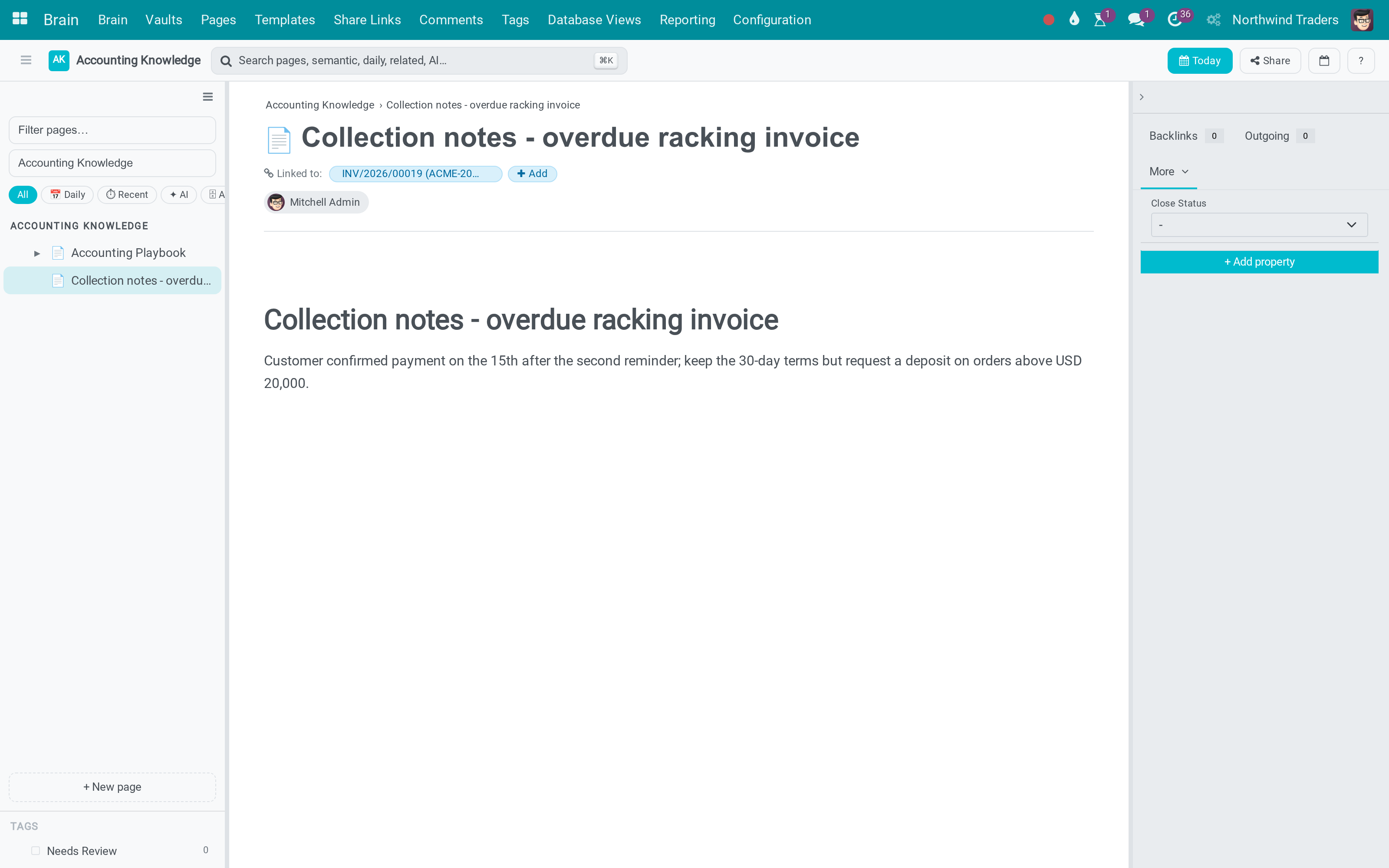 Collection notes - overdue racking invoice