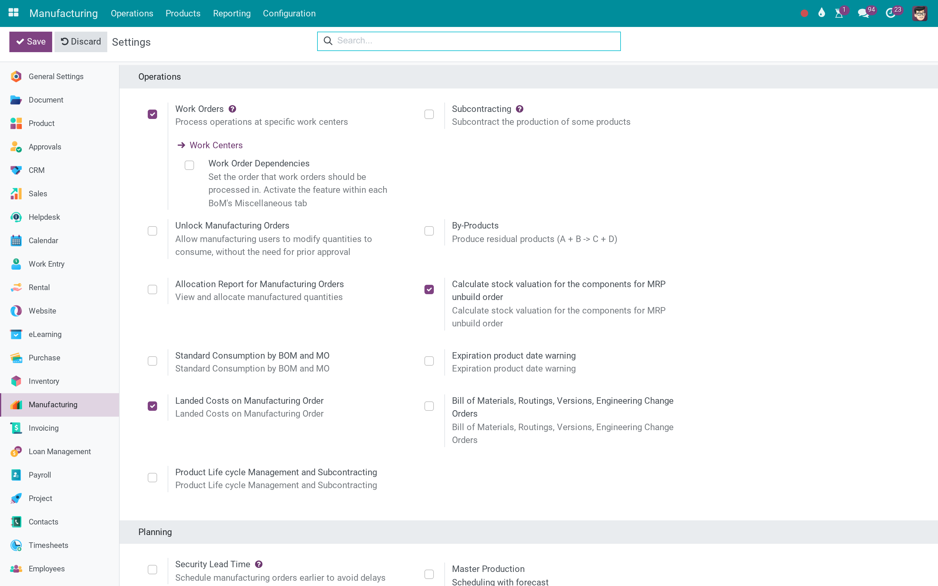 Eighteen manufacturing options, all in the same settings page