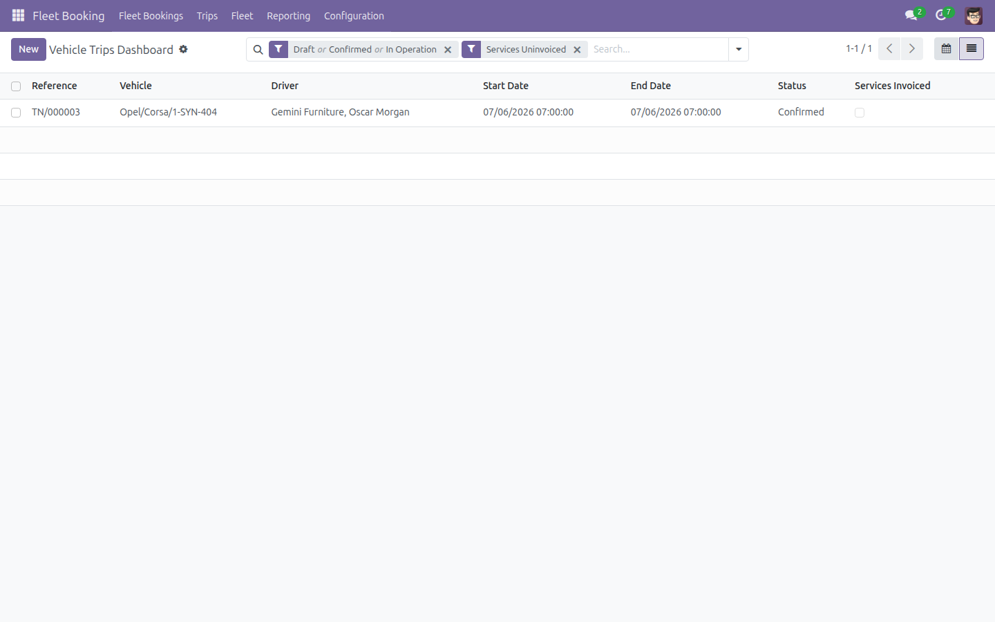 Trip list filtered to Services Uninvoiced, showing one pending trip
