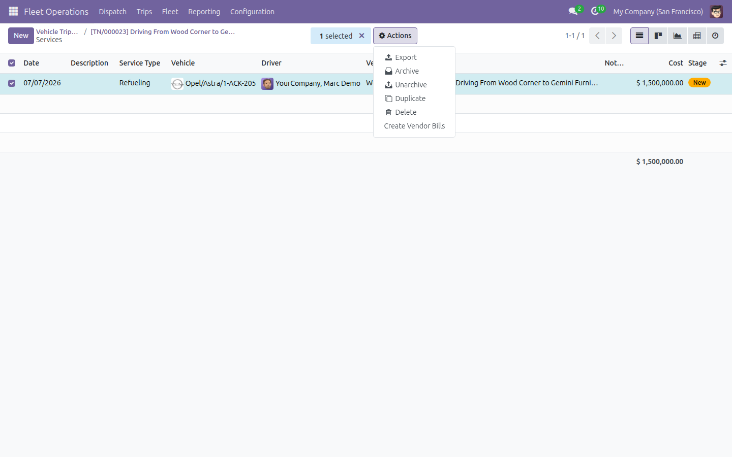 Actions menu showing the Create Vendor Bills option