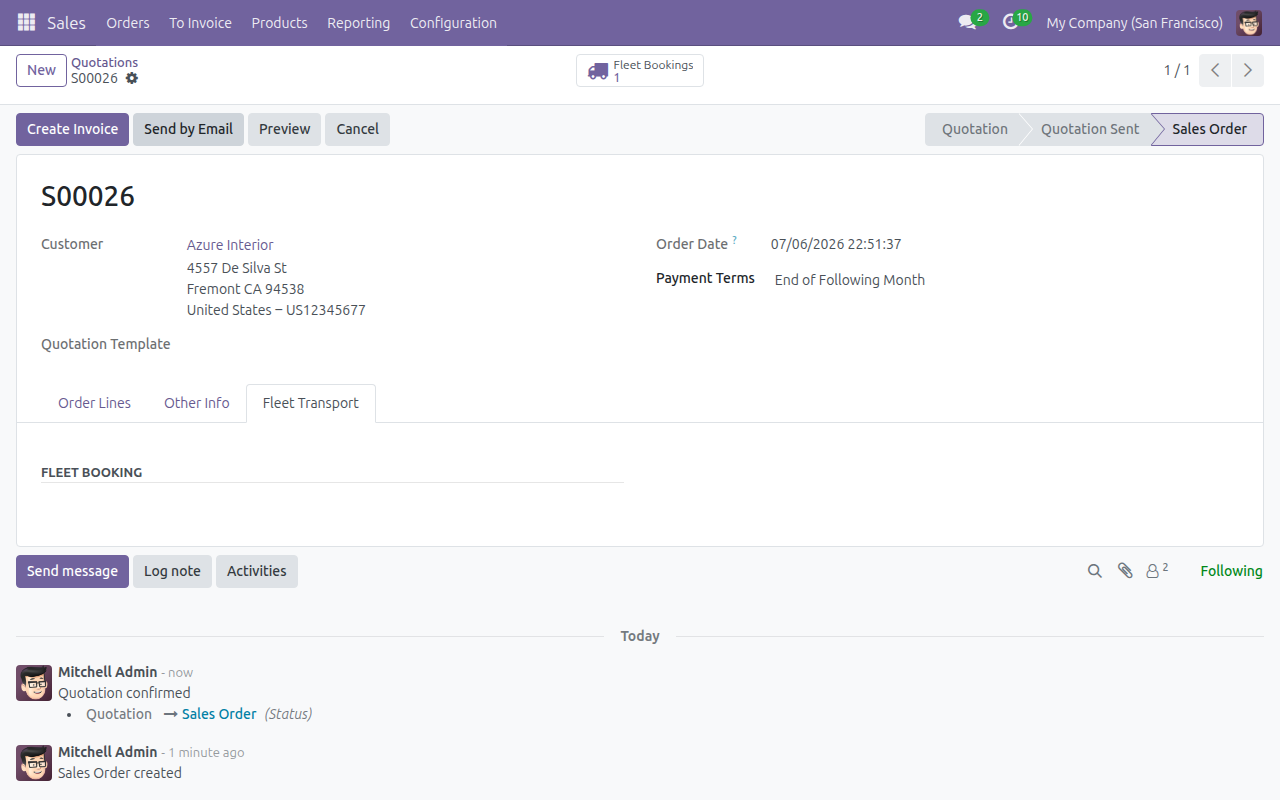 Order confirmed, Fleet Bookings smart button showing count 1, no second booking created