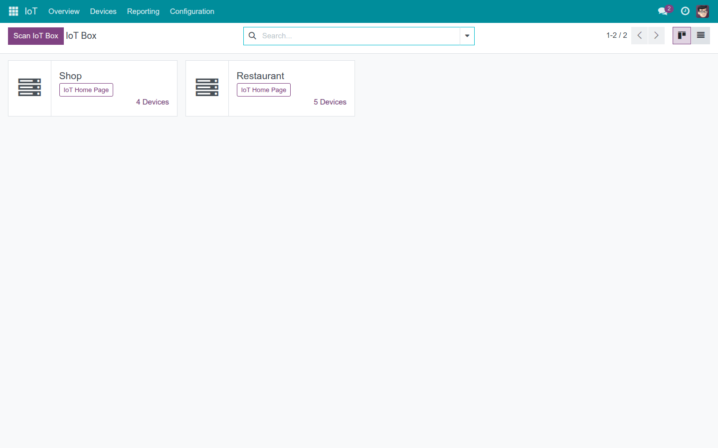 The IoT Overview dashboard showing every paired box