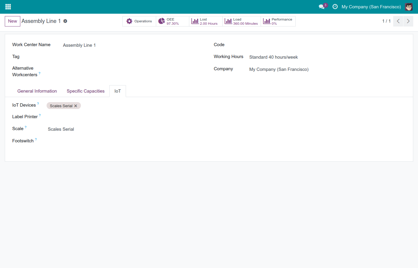 A work center's IoT page, with a registered scale attached and nominated in the Scale field.