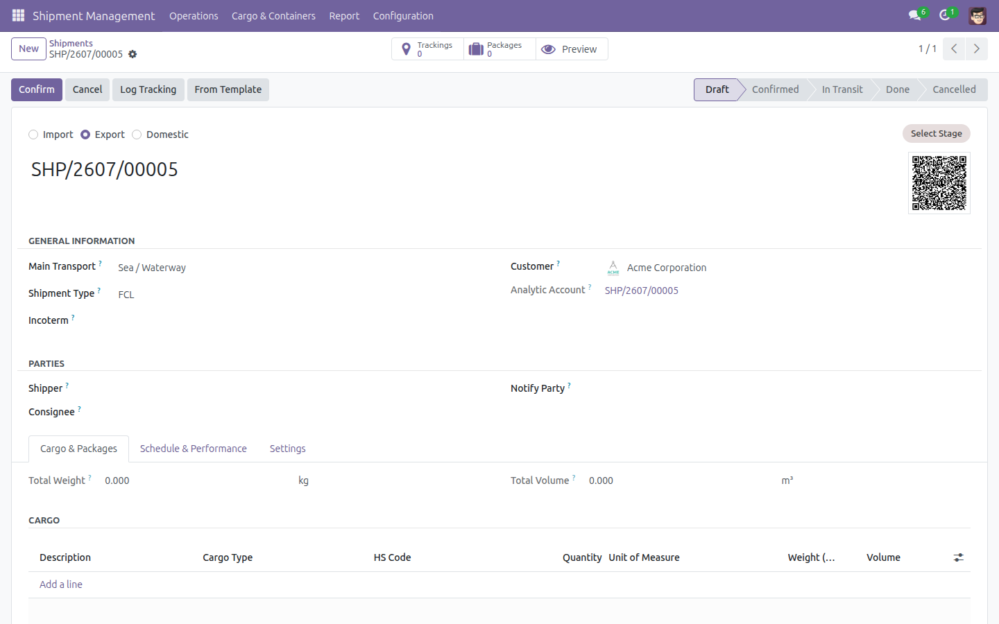 The saved shipment showing the auto-created Analytic Account next to Customer