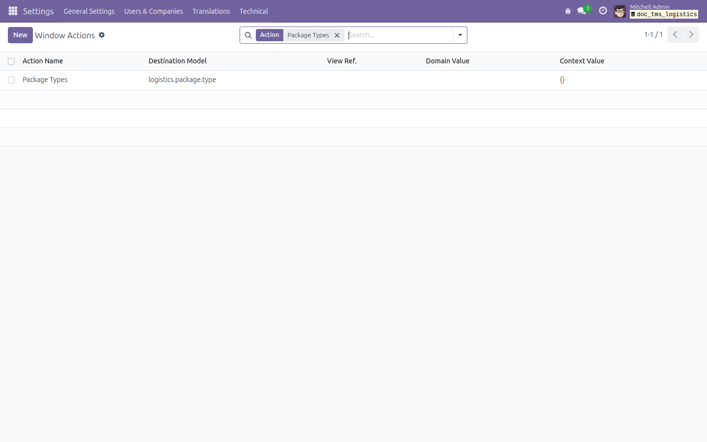 Finding the Package Types window action in Settings > Technical > Actions > Window Actions