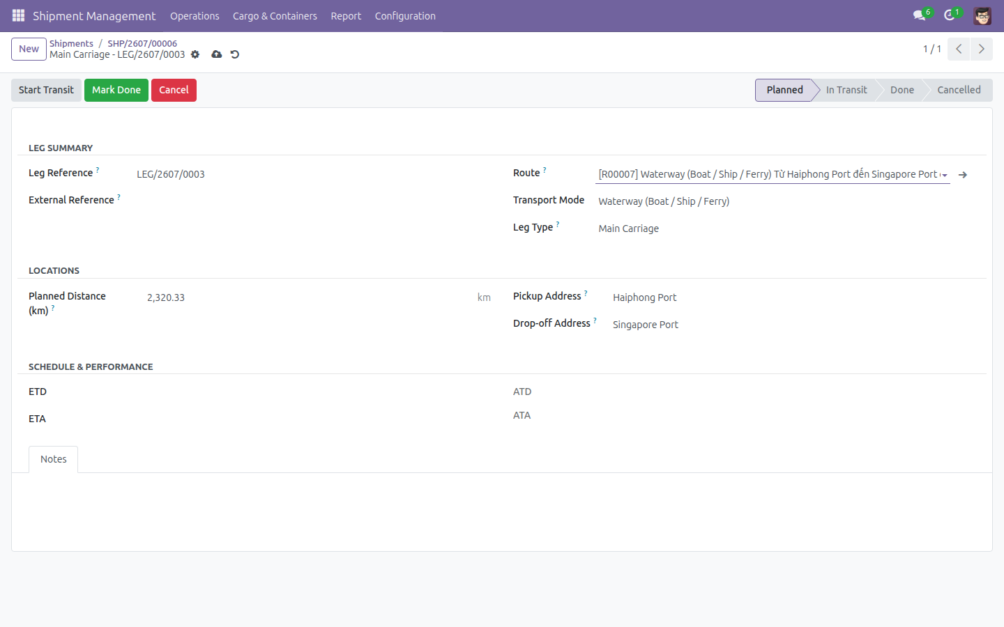 Pickup Address, Drop-off Address, Transport Mode and Distance auto-filled from the Route