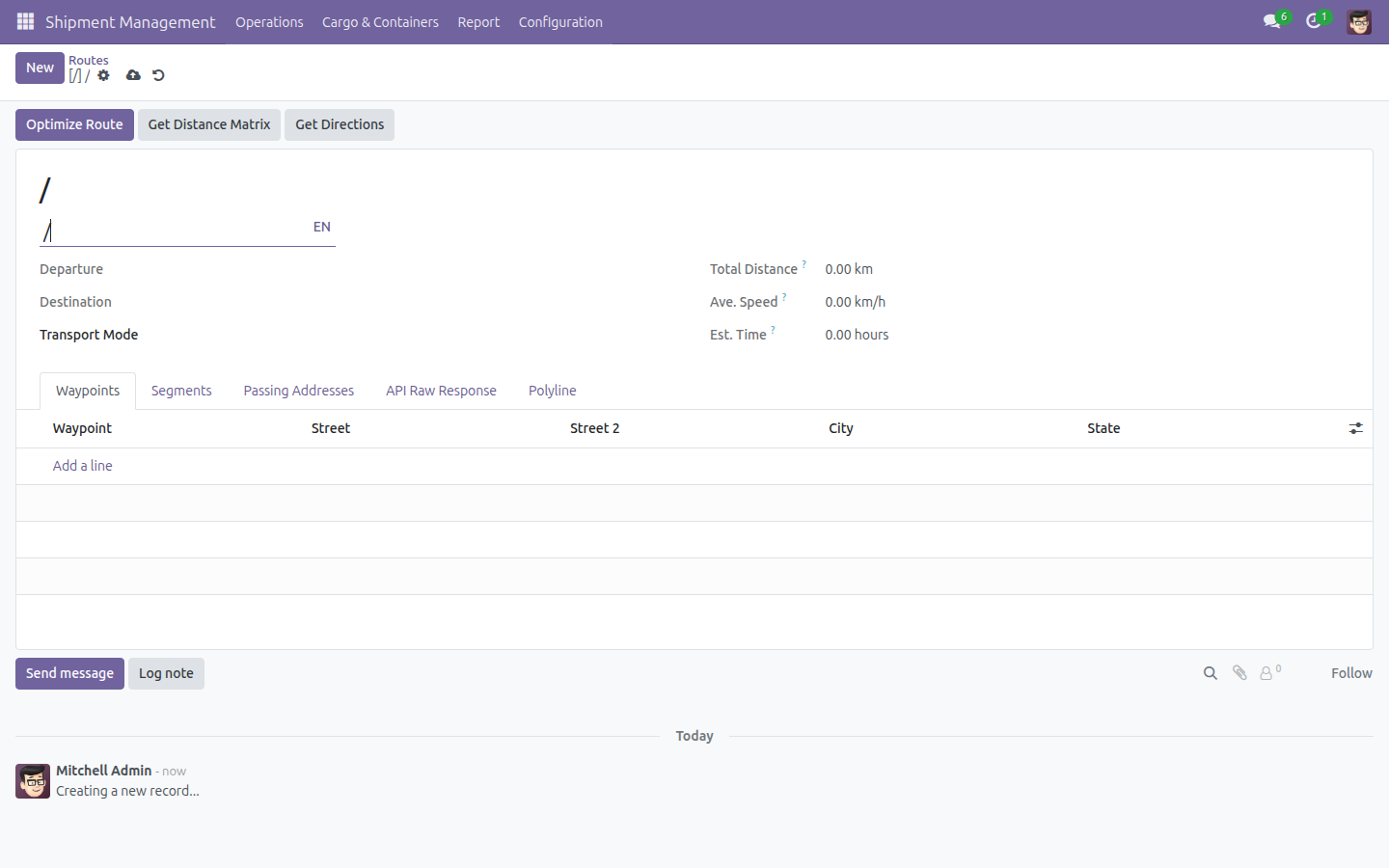 A new Route form with Transport Mode selected
