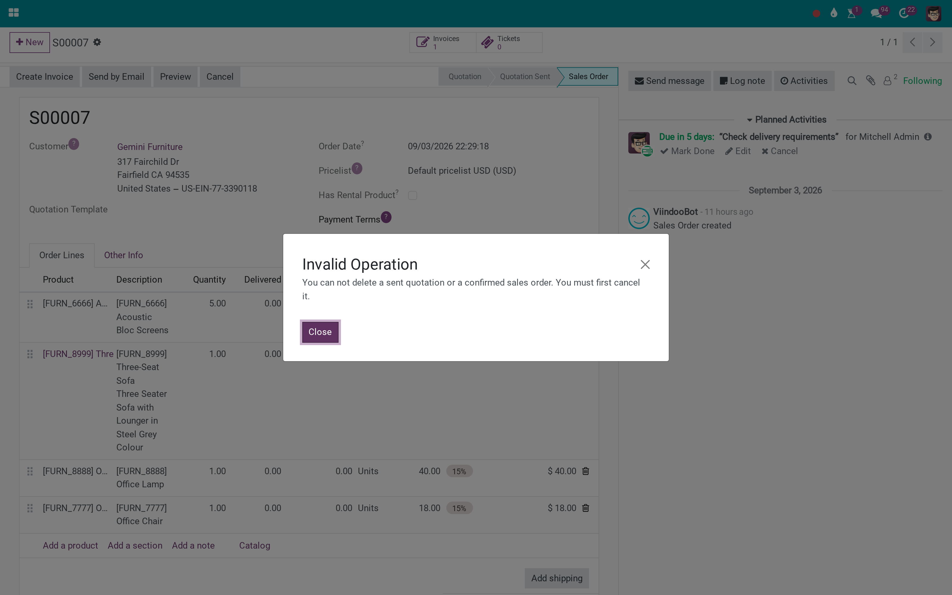 An invoiced order does not get deleted