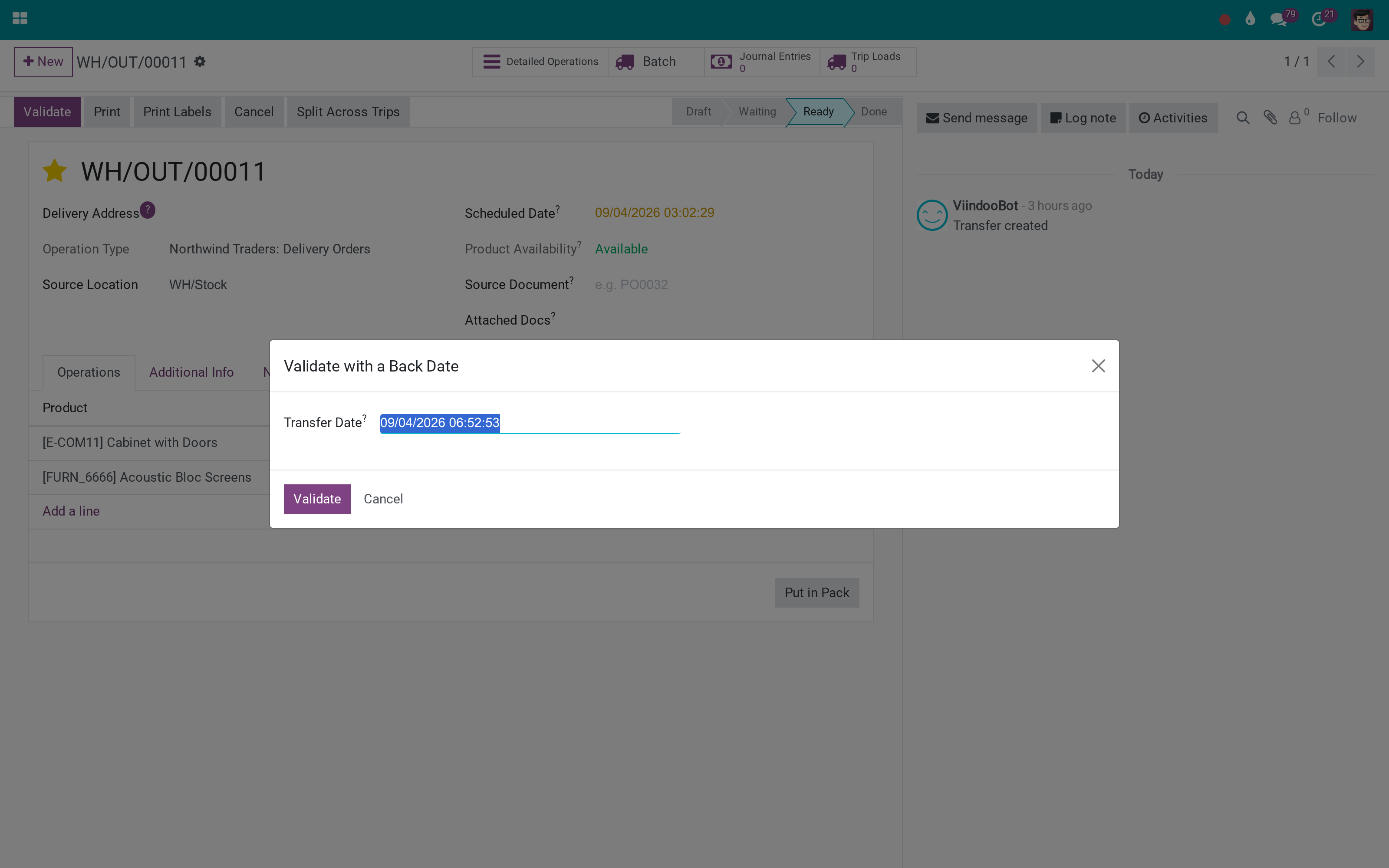 Validate a transfer on the date it actually happened