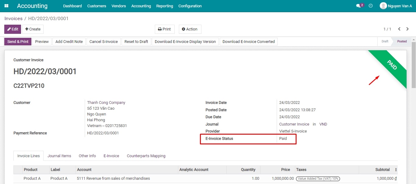 Automatic payment-status synchronization to Viettel S-Invoice