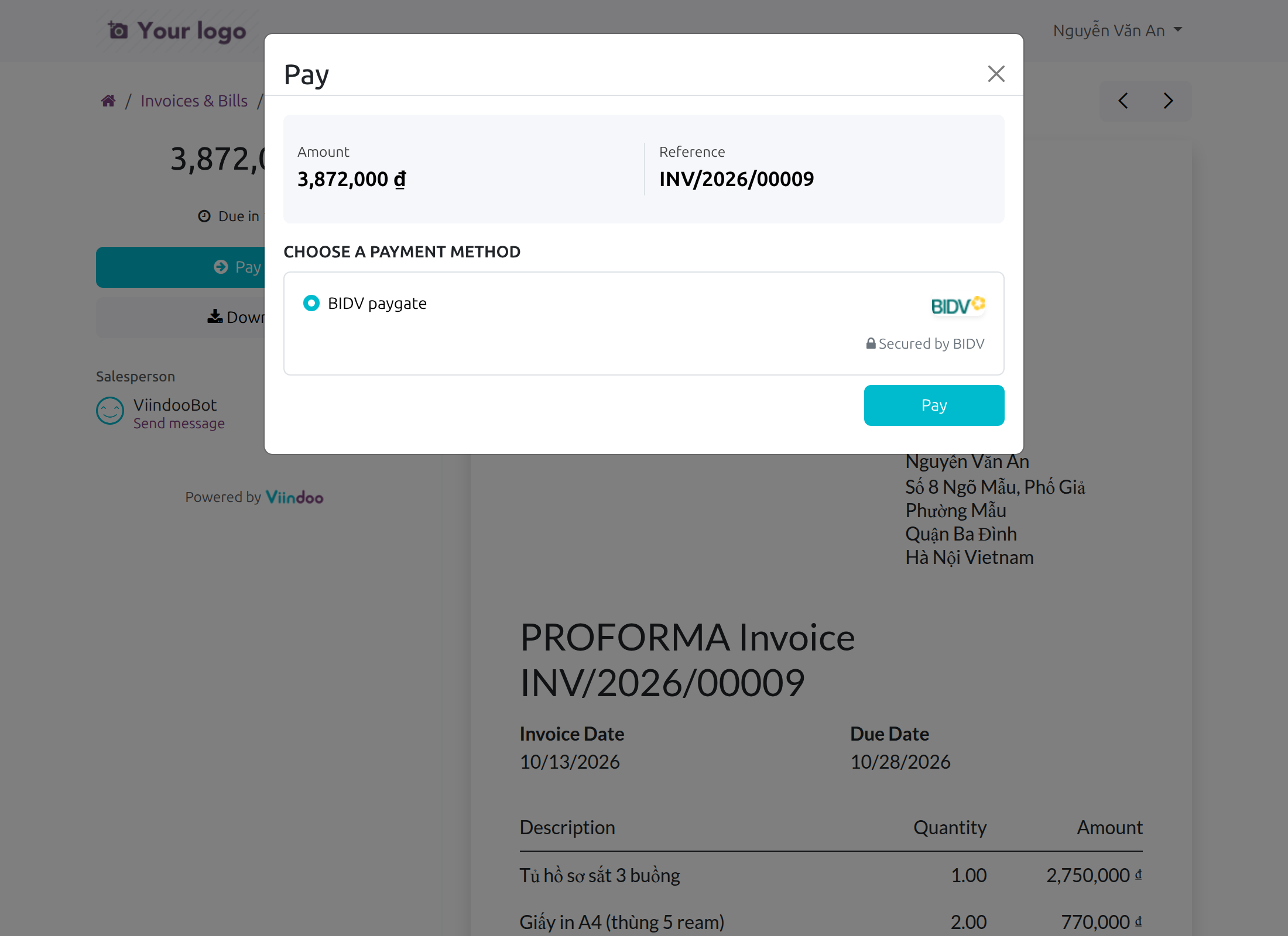 The Pay window of a customer invoice with BIDV paygate chosen