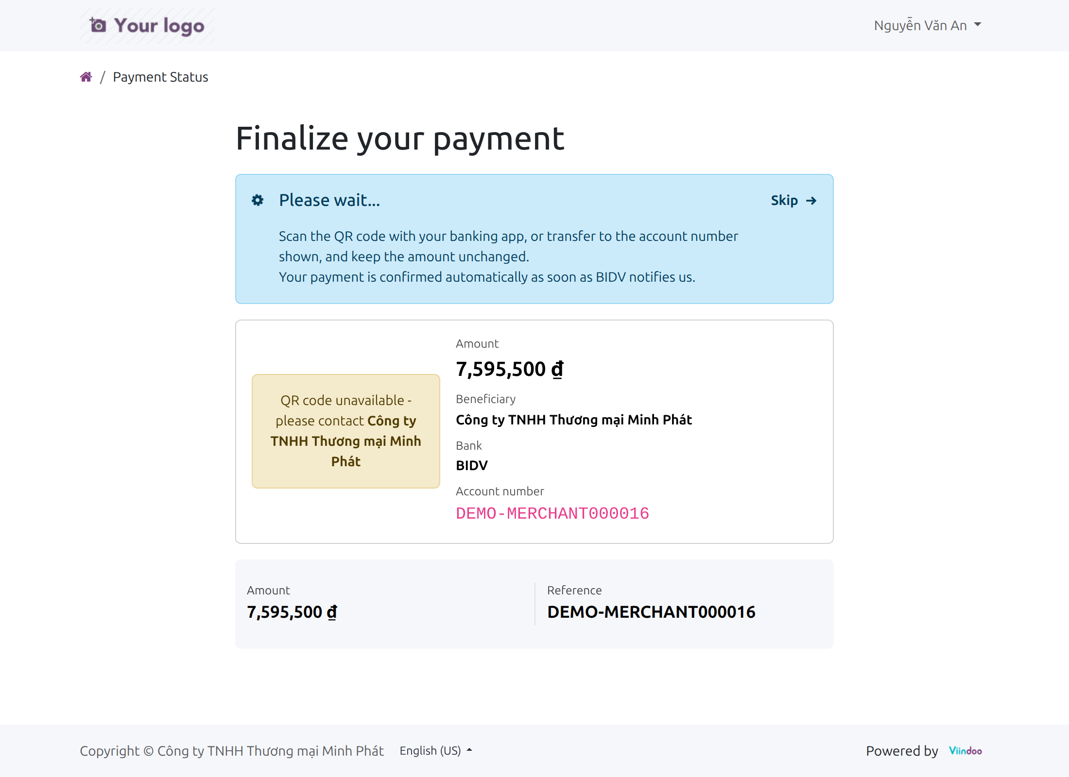 The Finalize your payment page showing QR code unavailable, with the amount, beneficiary, bank and account number still visible