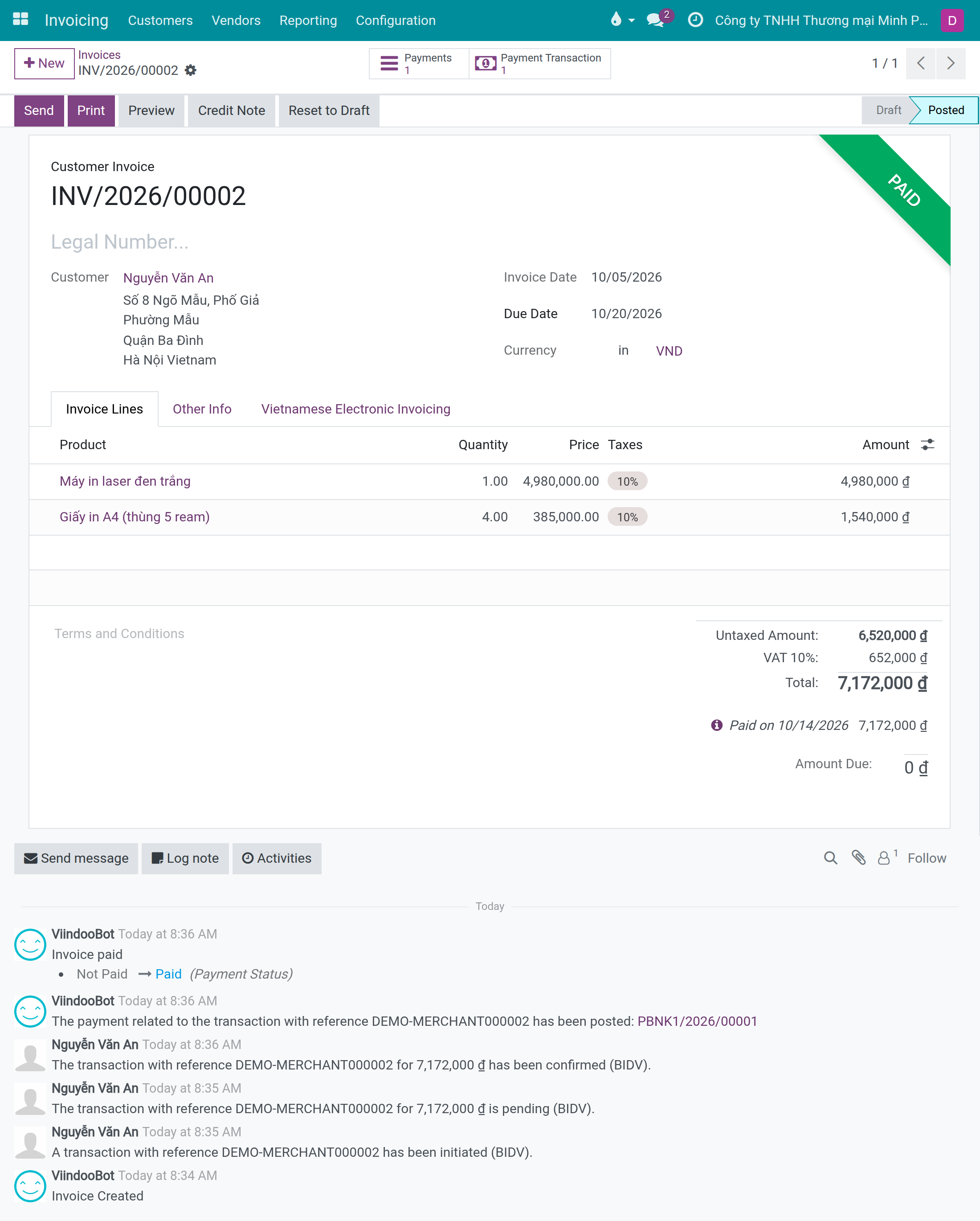 Invoice INV/2026/00002 marked Paid, with one payment and one payment transaction, and the BIDV transaction lines in the chatter