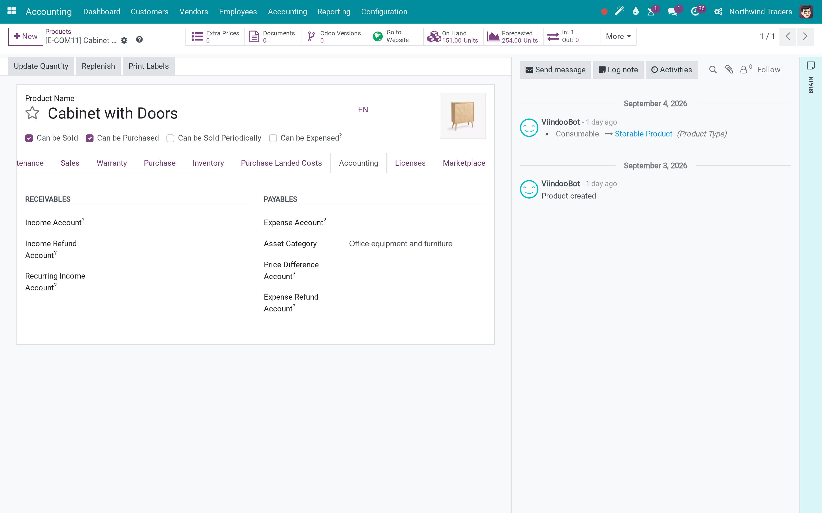 Product accounting tab