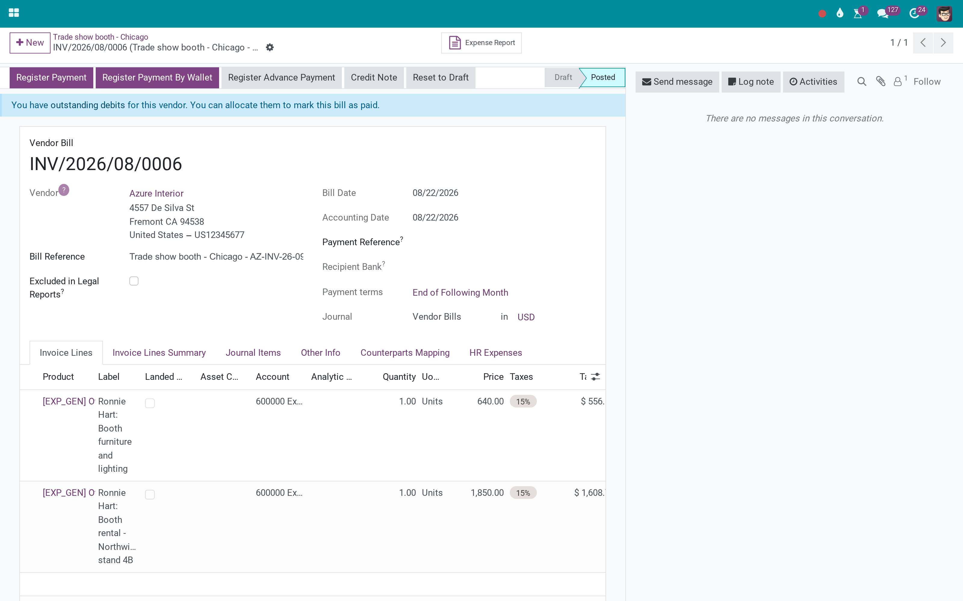 The generated vendor bill