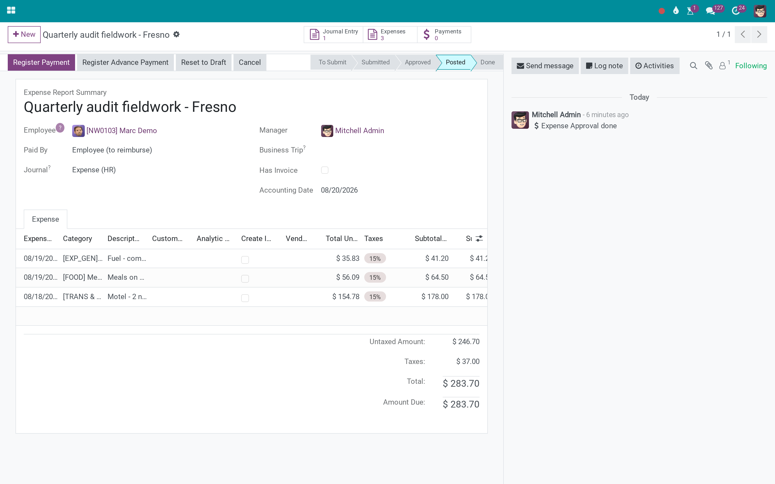 Settle an expense report against the advance the employee already holds
