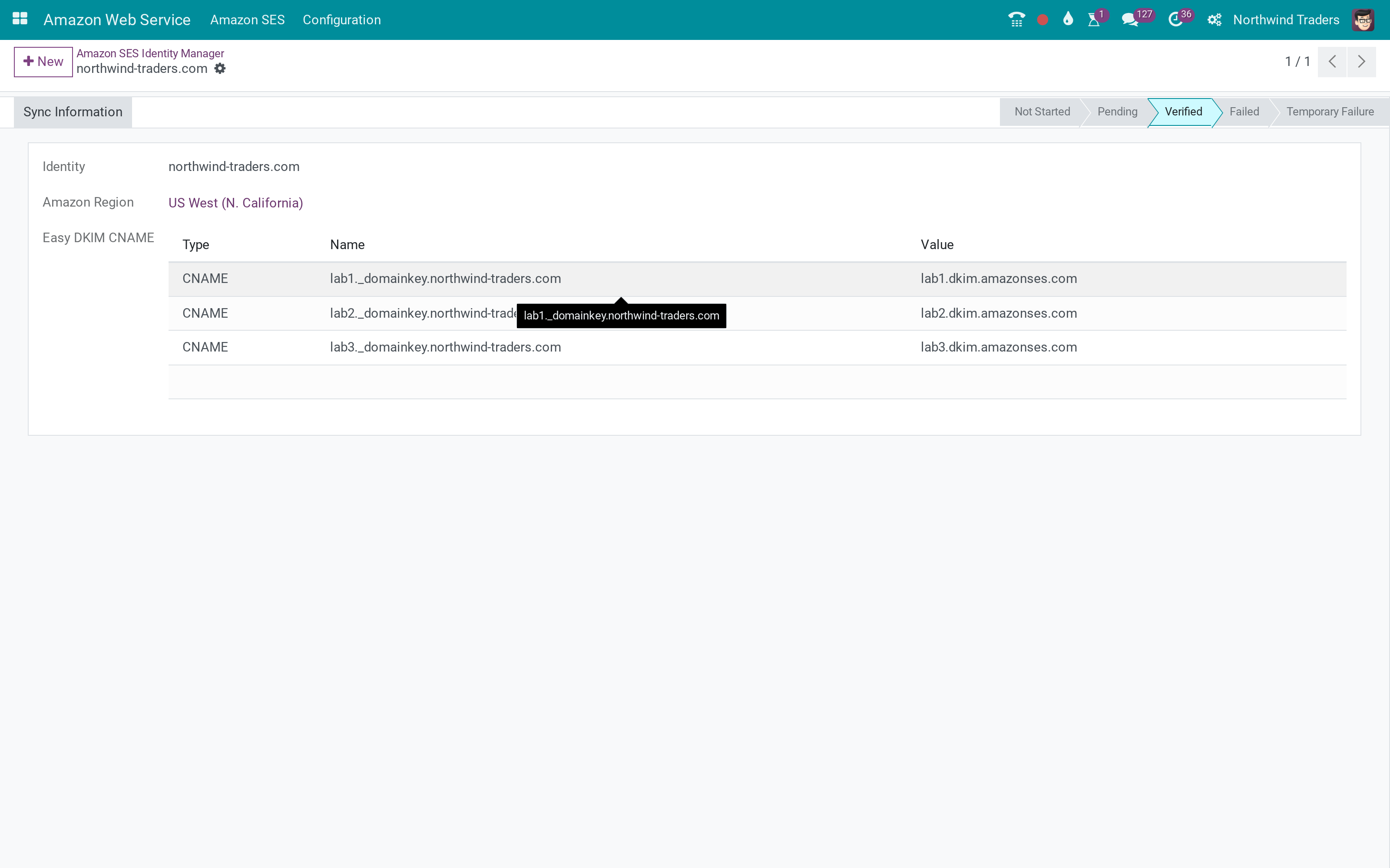 Amazon SES identities verified from Odoo