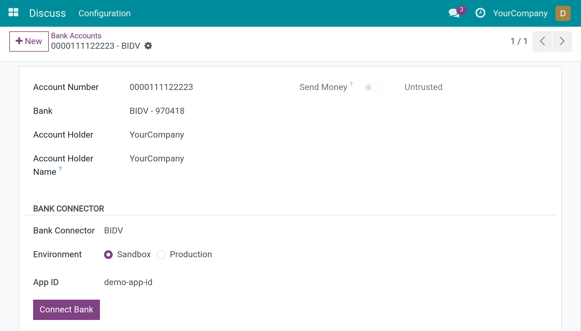 The same bank account opened by a user who is not a system administrator: provider, environment and App ID, no App Secret or token fields