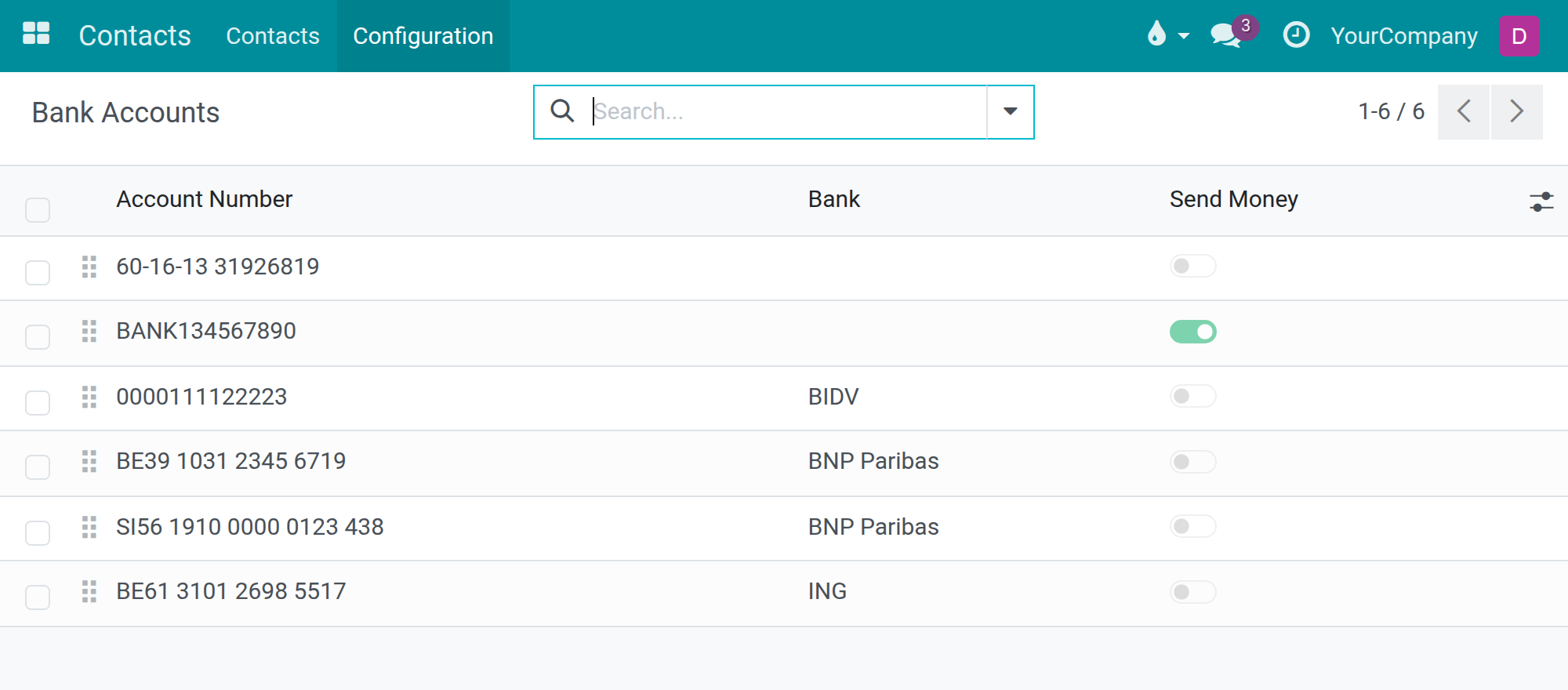 The Bank Accounts list under Contacts > Configuration