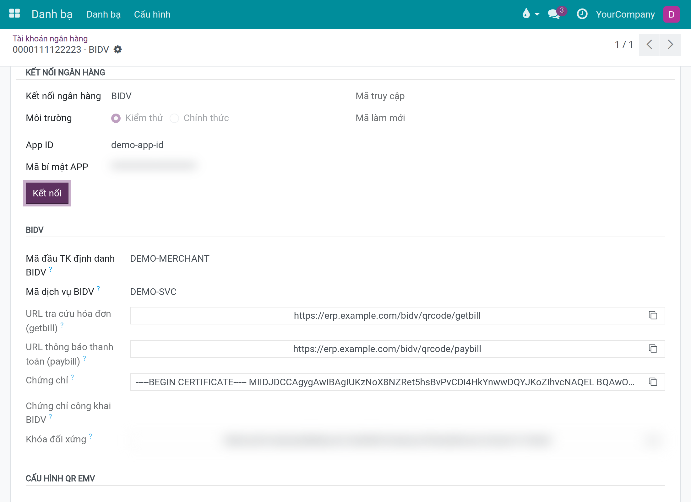 Tài khoản ngân hàng của công ty đã chọn BIDV: phần Kết nối ngân hàng với môi trường, App ID và Mã bí mật APP được che, cùng phần BIDV với Mã đầu TK định danh BIDV, Mã dịch vụ BIDV, URL tra cứu hóa đơn (getbill), URL thông báo thanh toán (paybill), chứng chỉ và khóa đối xứng được che