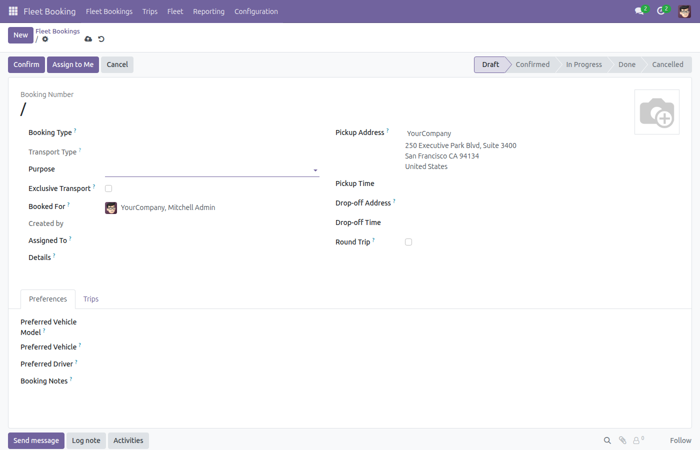 Blank new Fleet Booking form in Draft status