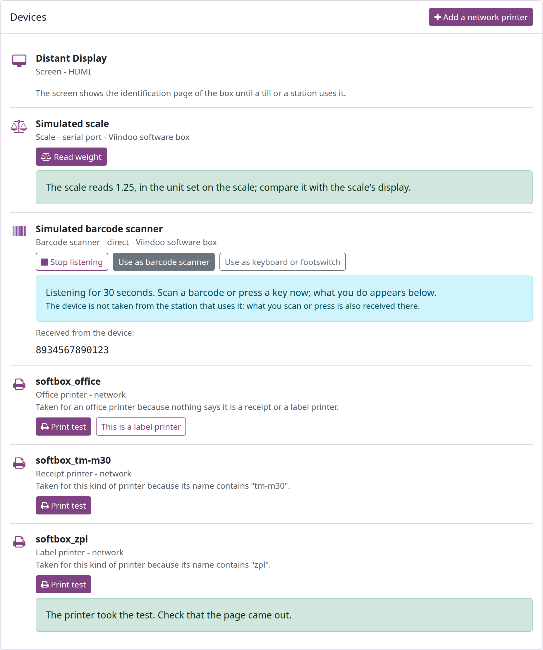 Devices section of the box page with a scale reading, a barcode scanner listening with the received barcode, and a label printer that took the test