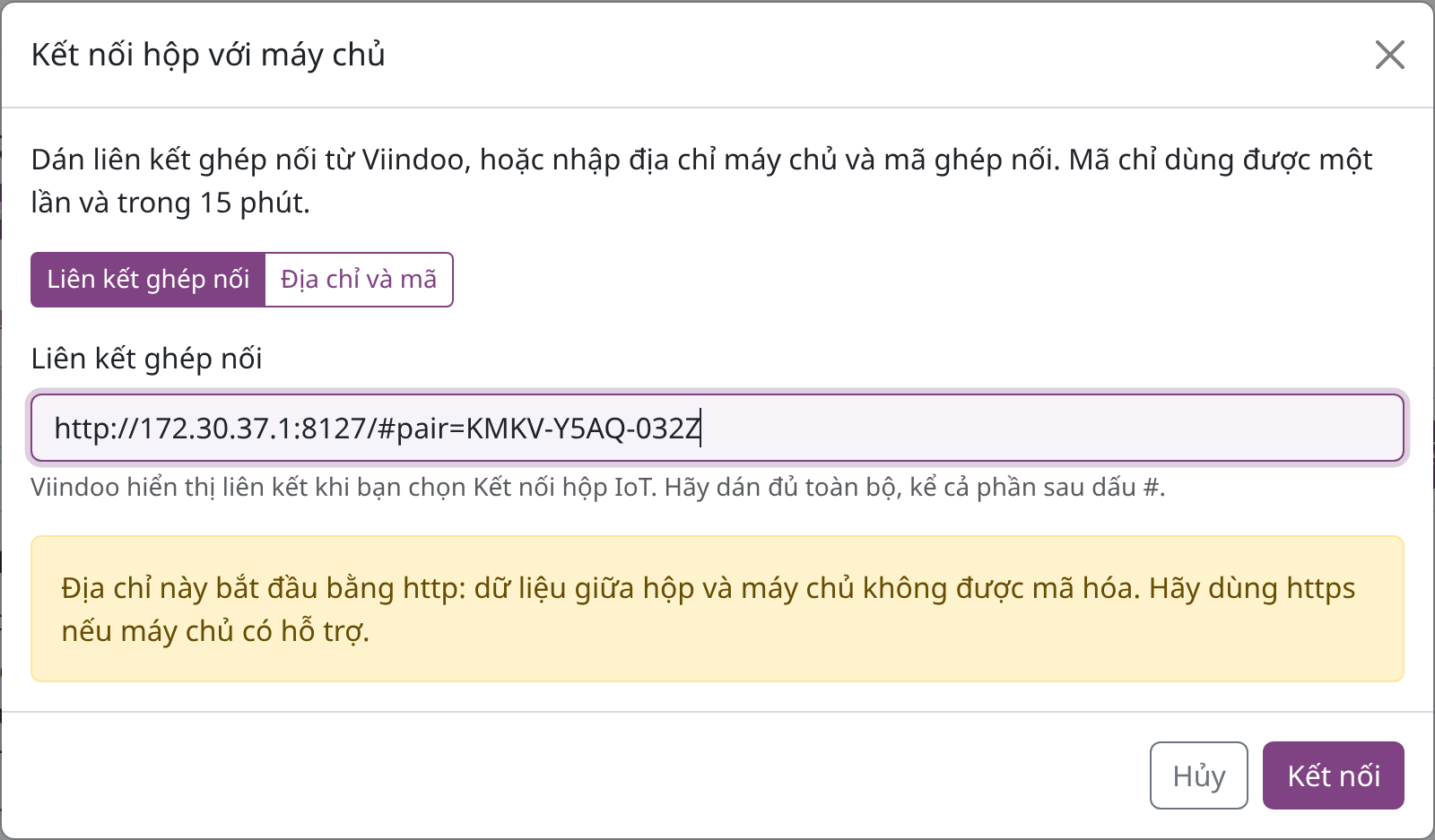 Hộp thoại Kết nối hộp với máy chủ với liên kết ghép nối đã dán và cảnh báo về địa chỉ http