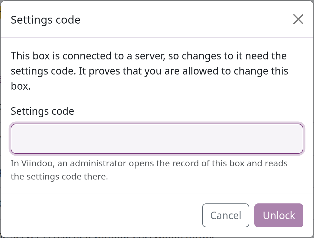 Settings code dialog of the box page with the Unlock button