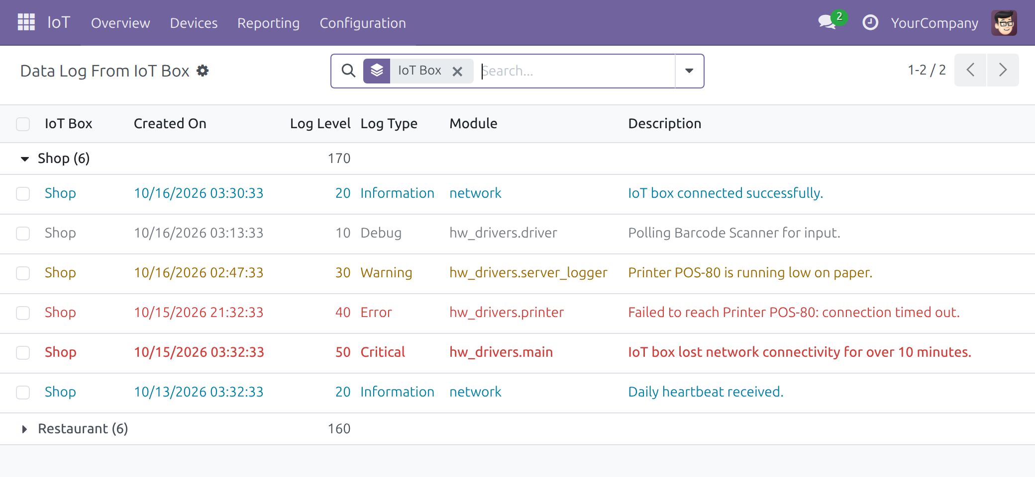 Device logs of one box, with information, debug, warning, error and critical lines