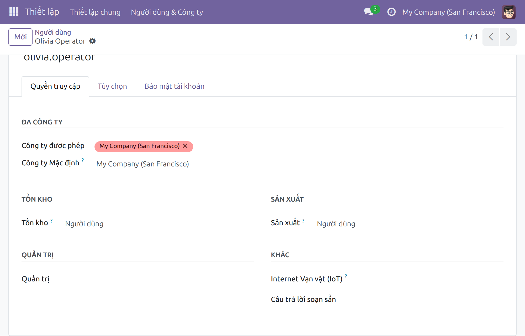 Trang Quyền truy cập của một người vận hành: Sản xuất đặt là Người dùng, Internet Vạn vật (IoT) để trống.