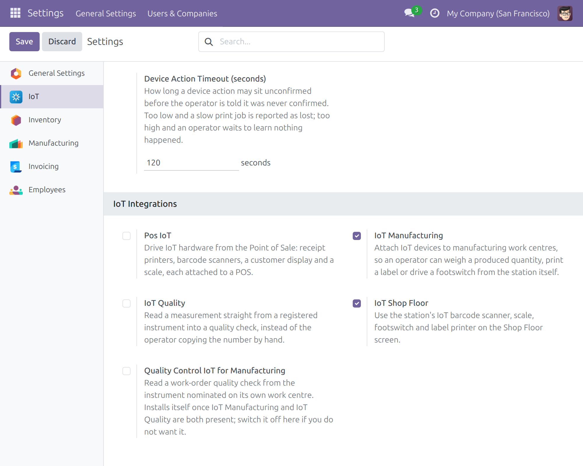 The IoT Shop Floor option under Settings, IoT, IoT Integrations.