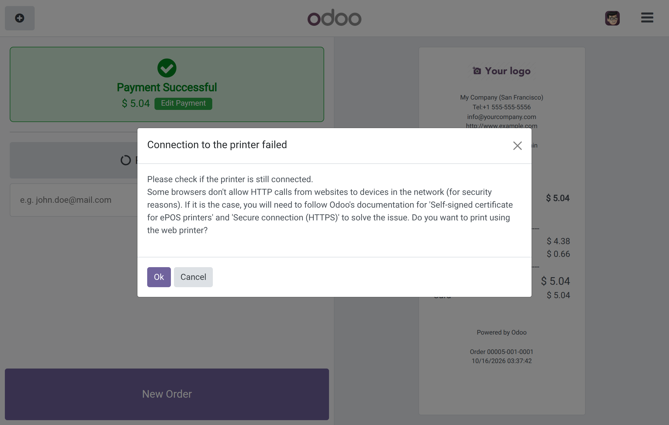 Till showing the Connection to the printer failed message