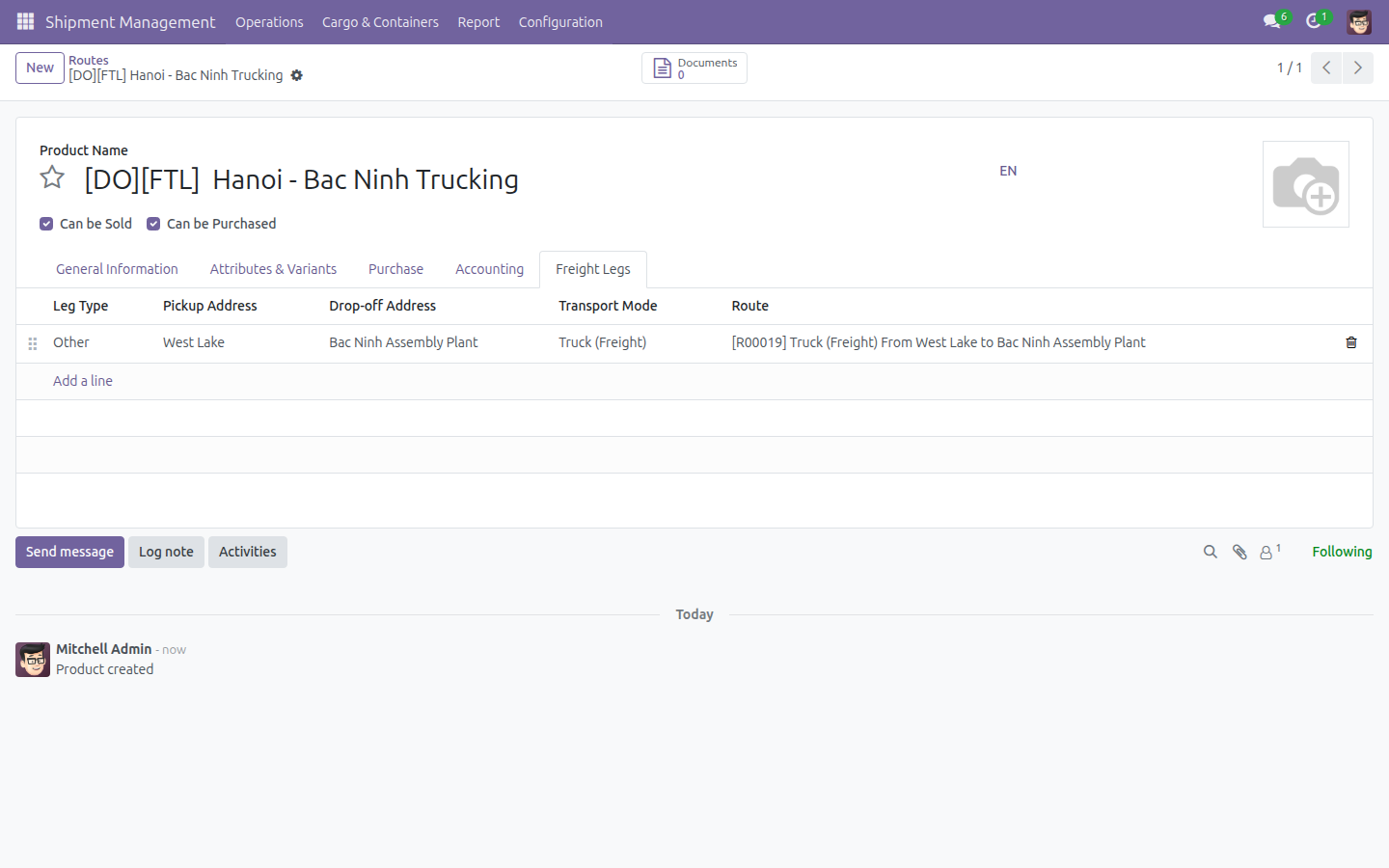 The generated Freight Service product with its Freight Legs tab pre-filled