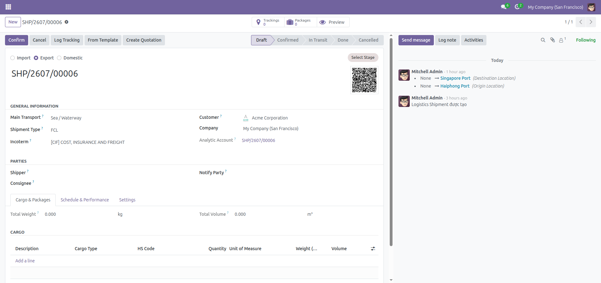 A draft shipment with the Create Quotation button in its header